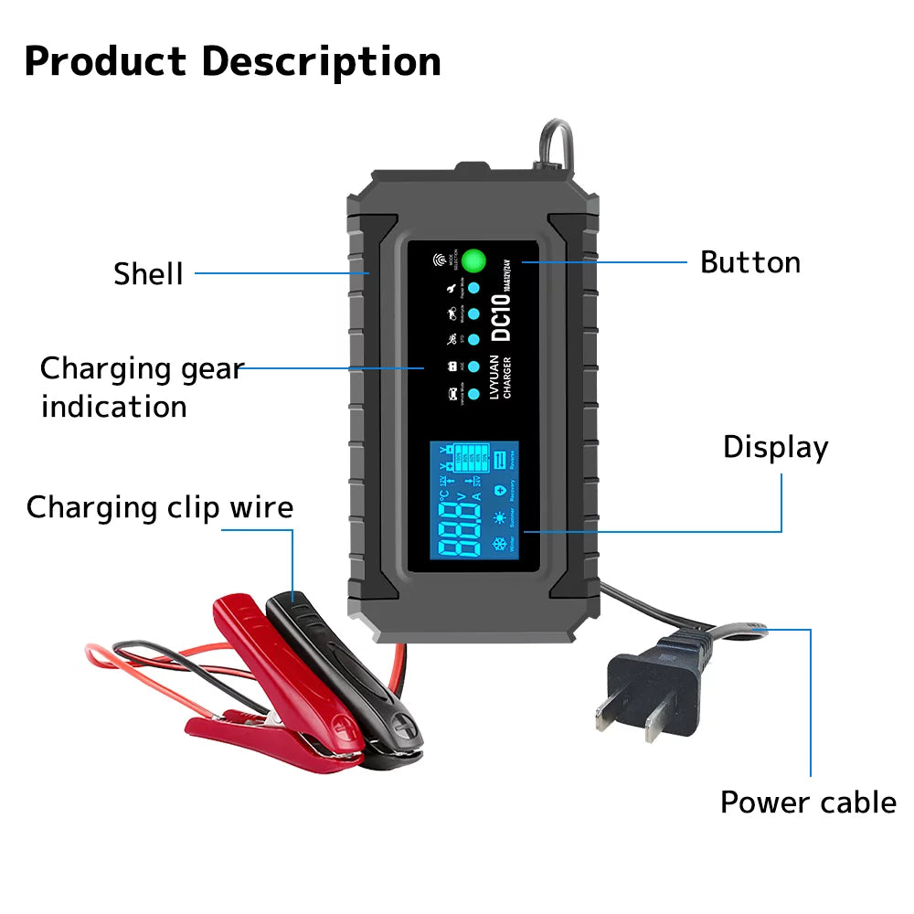 Yinleader 10A Car Lawn Mowers Battery Charger 12V/24V Smart Automatic Charger Pulse Repair Lead-acid AGM GEL