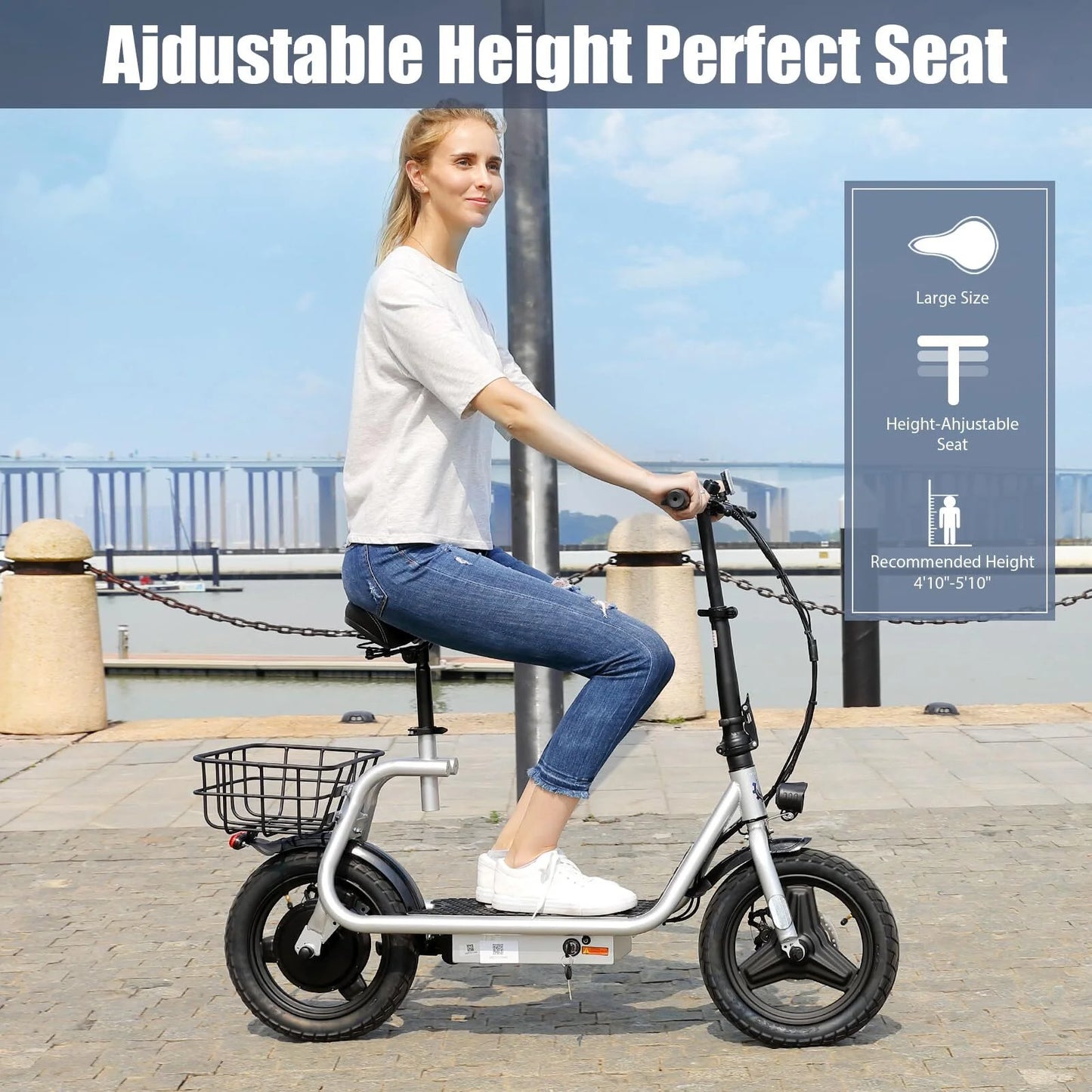 Caroma 500W Electric Scooter with Seat for Adult, 14 inch Commuter Electric Scooter with Dual Shock Absorbers and Basket &#8211; Up to 25 Miles 20 MPH, Silver