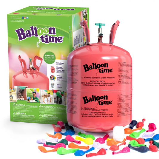 Balloon Time 9.5in Standard Helium Tank Kit (Includes 30 Assorted Latex Balloons and White Ribbon)