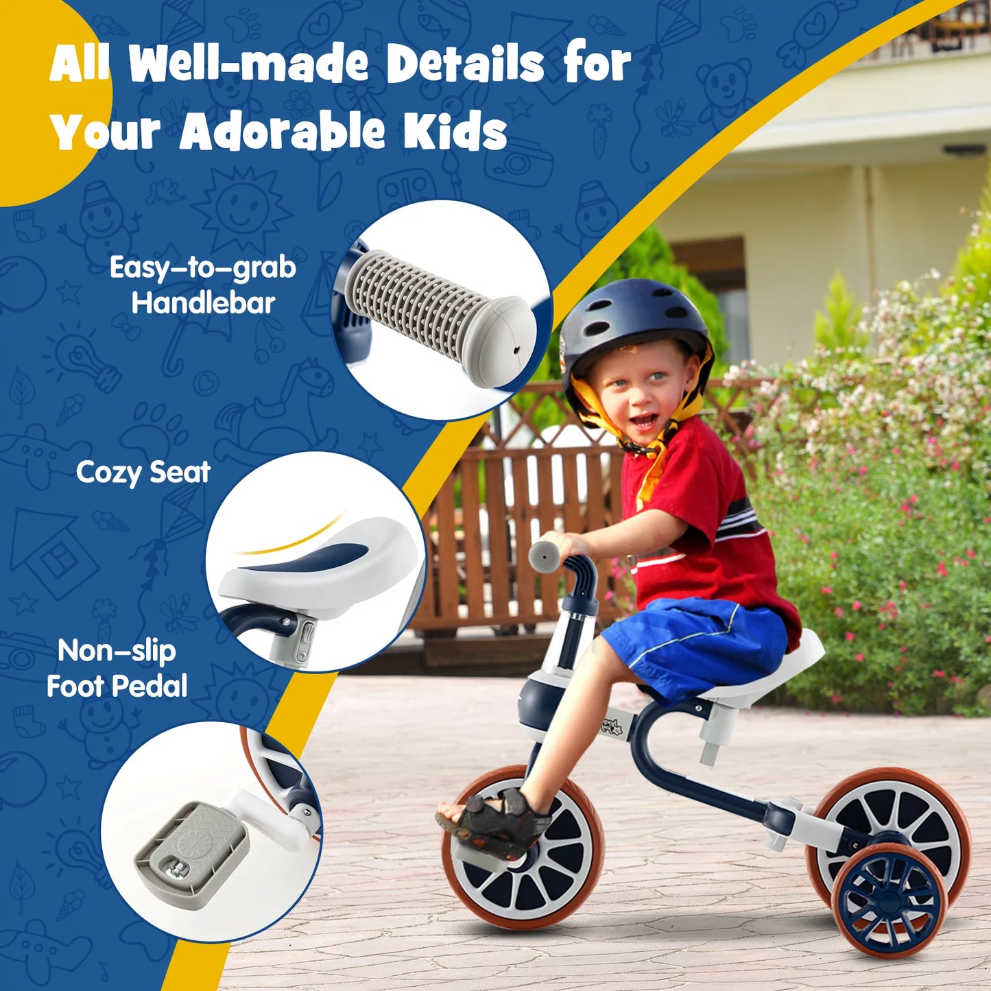 Coelon 4 in 1 Kids Tricycle for 2-4 Years Old, Toddler Bike with Adjustable Parent Push Handle Navy