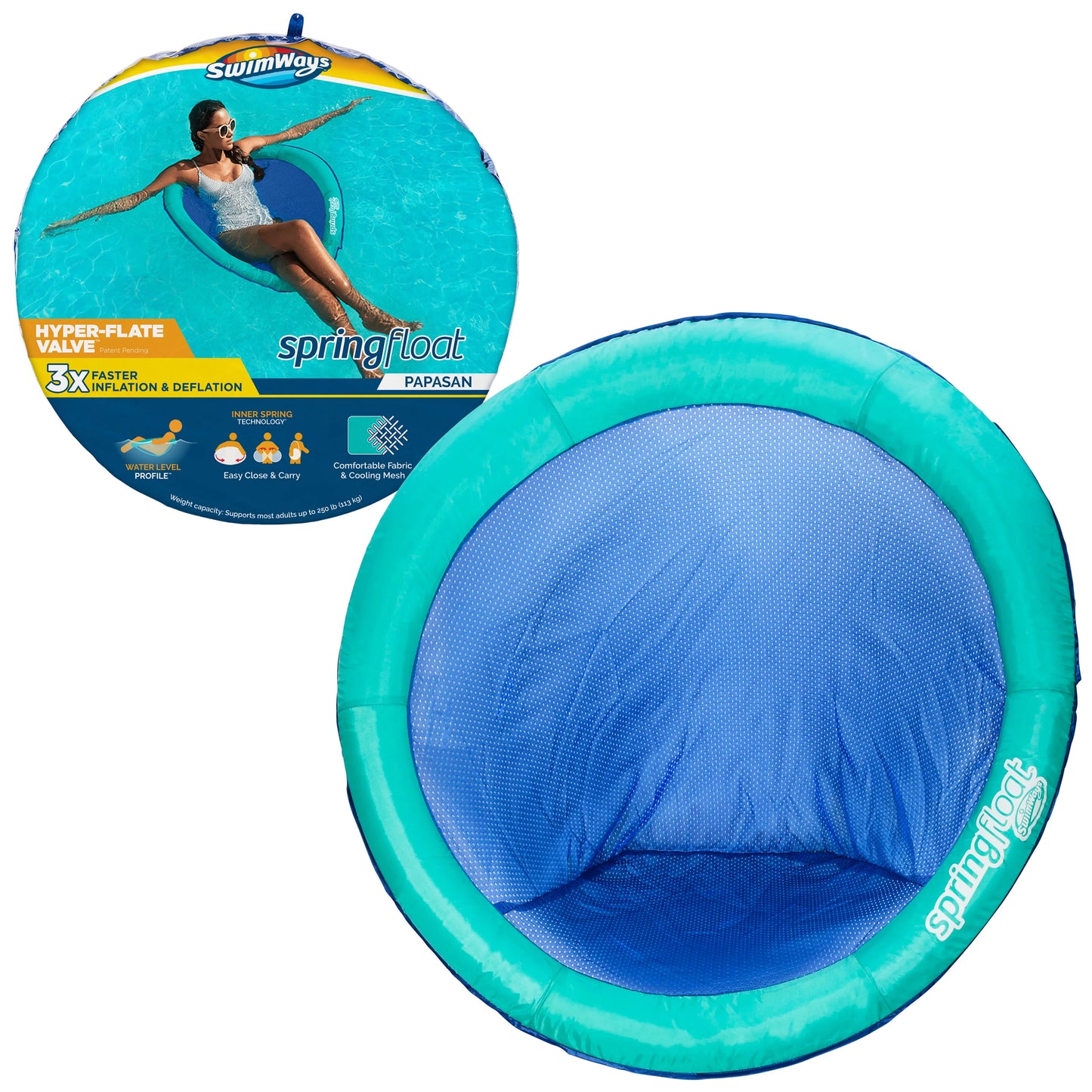 SwimWays Spring Float Papasan, Inflatable Lounge Chair, For Men &#038; Women Ages 15+, Blue