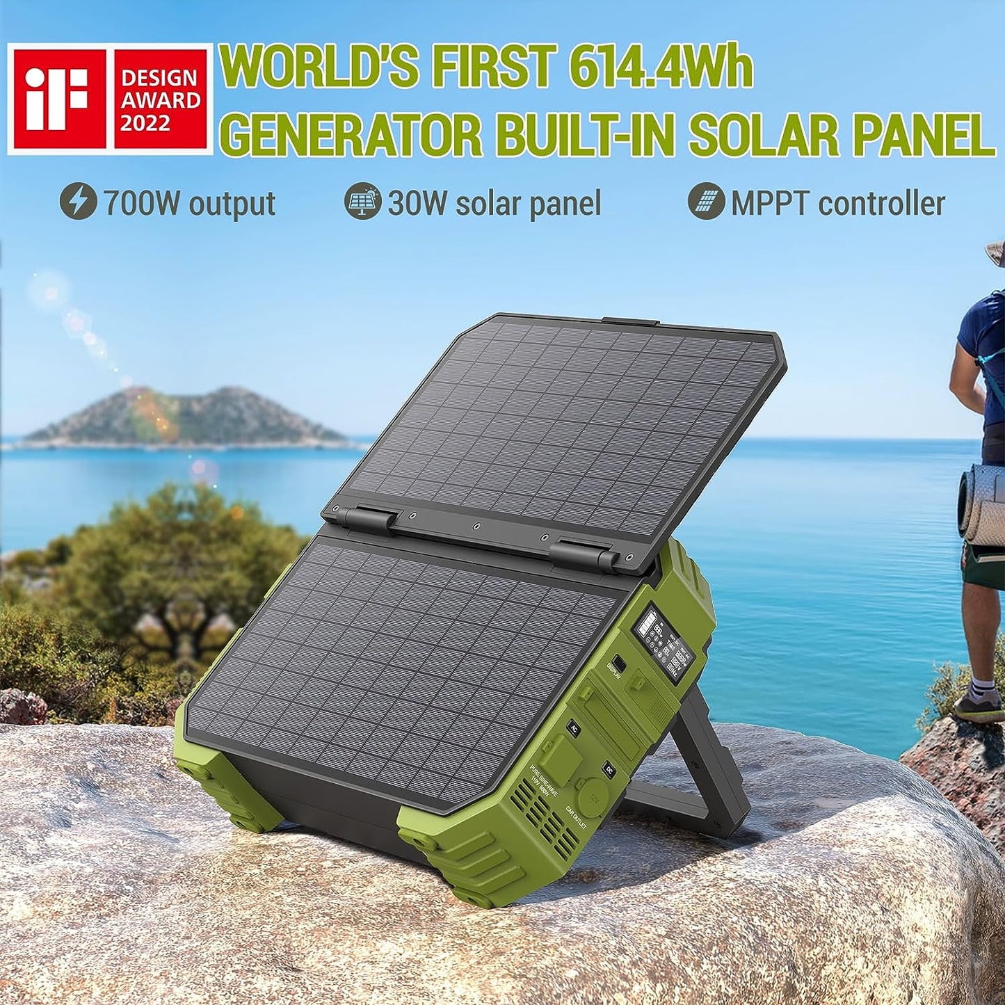 BROWEY 614.4Wh Portable Power Station with 30W Solar Panel, 600W AC Outlet, Backup Lithium Battery, Solar Generator for Outdoor Camping, RV Travel, Emergency