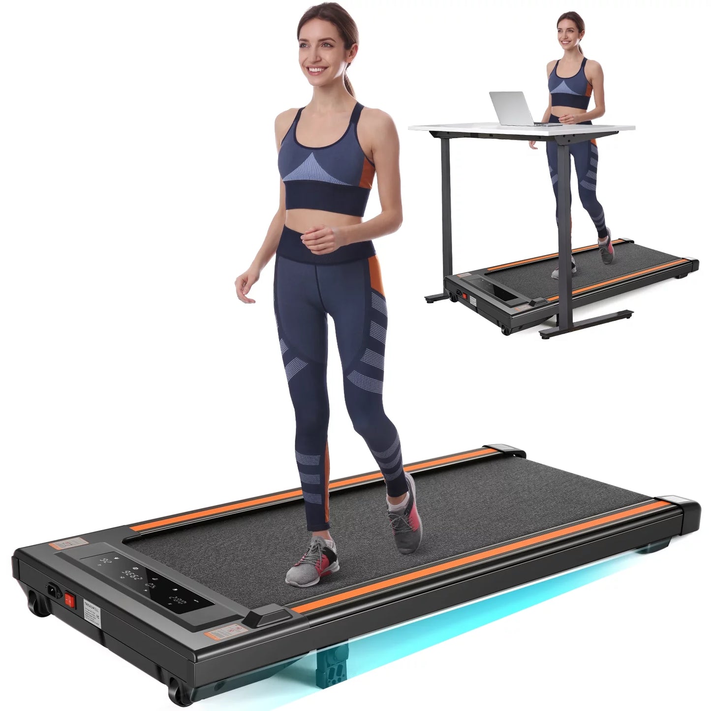 Tikmboex 2.5HP Walking Pad Under Desk Treadmill with LED Touch Screen Remote Control, 2 in 1 Treadmills for Home Office, Black &#038; Orange