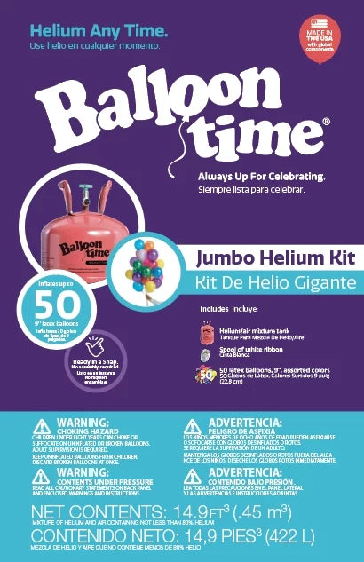 Balloon Time 12in Jumbo Helium Tank Kit with Colorful Latex Balloons