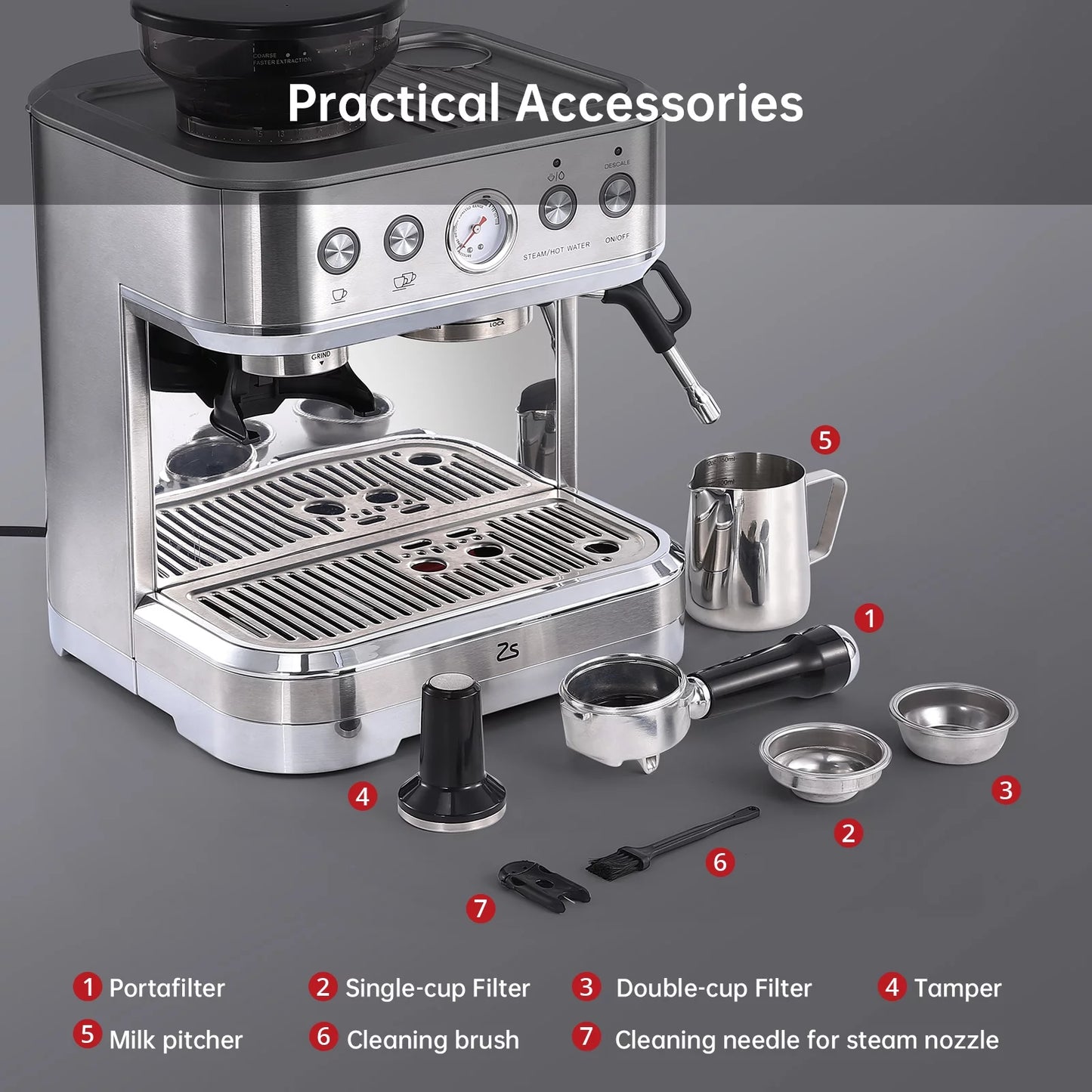 Zstar Express Espresso Machine, 15 Bar Espresso Coffee Machine Latte and Cappuccino Coffee Maker All in One Espresso Machine For Home Barista, Brushed Stainless Steel