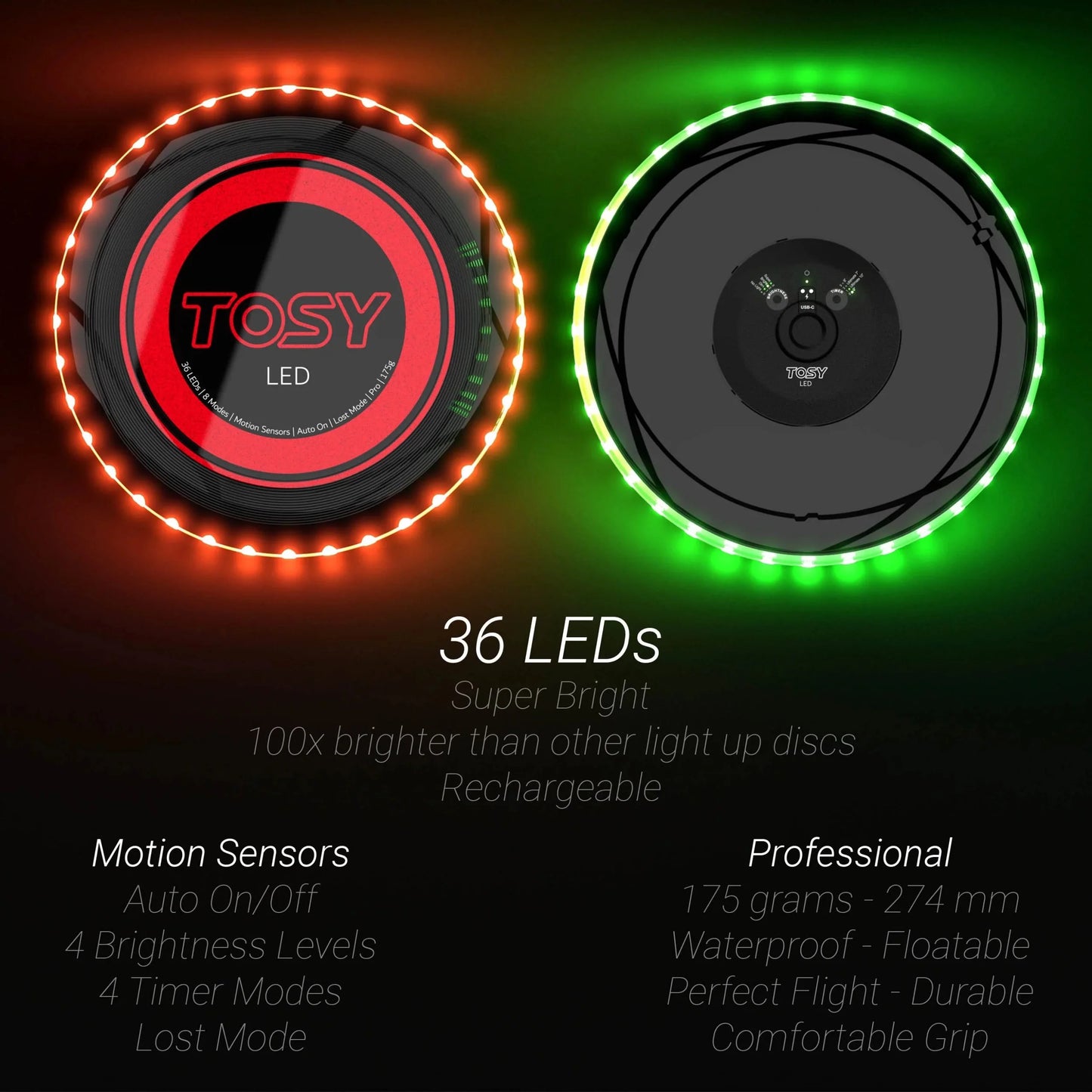 Auto Light Up Flying Disc, 16 Million Color RGB or 36 or 360 LEDs, Rechargeable