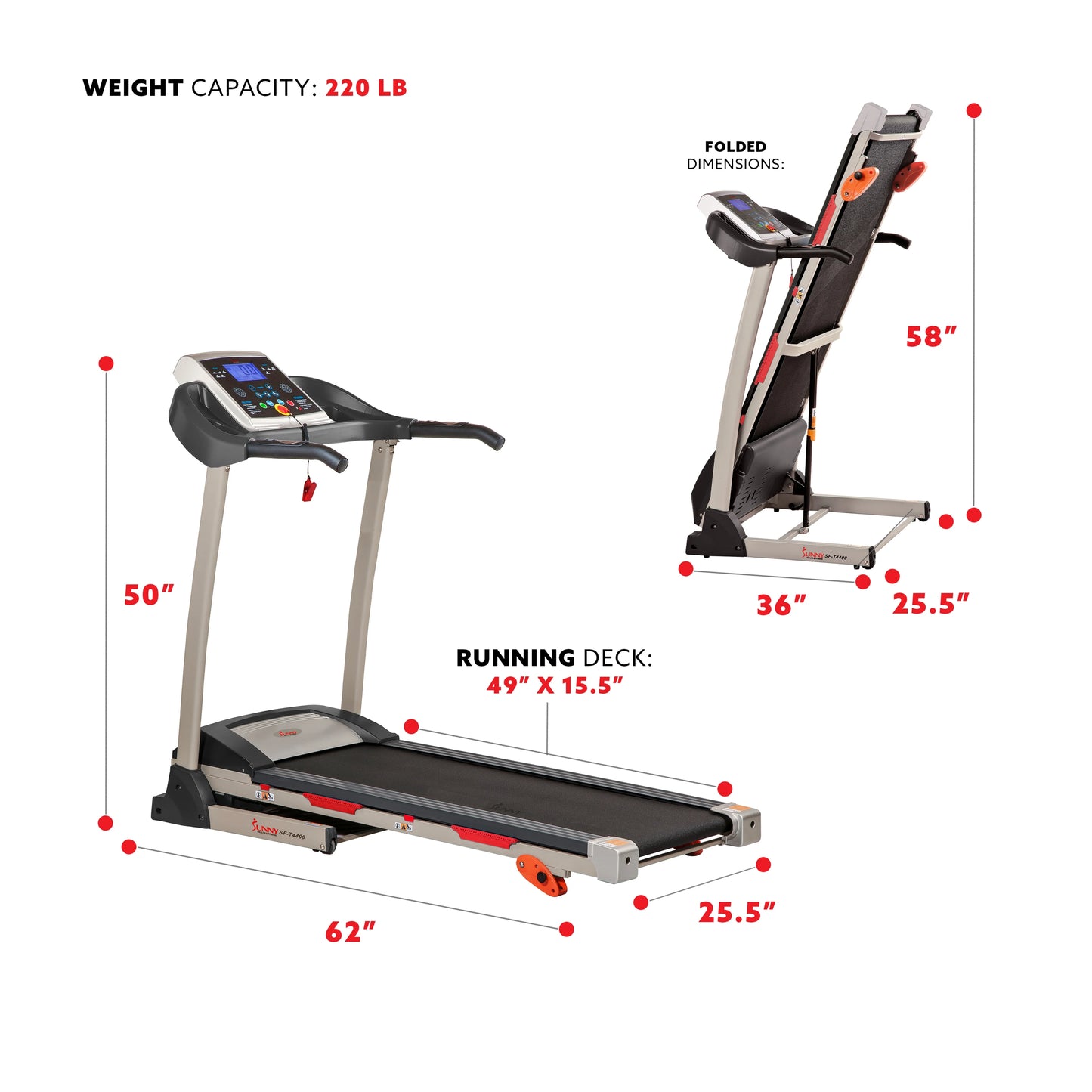 Sunny Health &#038; Fitness Treadmill with Manual Incline, Pulse Sensors, Folding, LCD Monitor for Exercise SF-T4400