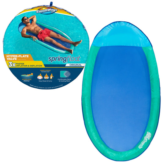 SwimWays Spring Float Inflatable Pool Lounger with Hyper-Flate Valve, Aqua