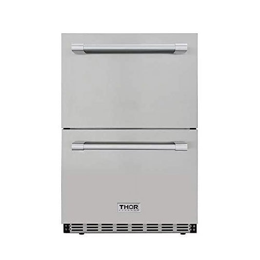 thor kitchen 24&#8243; indoor and outdoor double drawer under-counter refrigerator in stainless steel 5.3cu.ft trf2401u