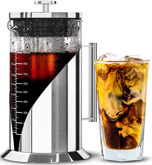 Cafe Du Chateau Cold Brew Coffee Maker, 34 Ounces, Iced Coffee Brewer, Air Tight Seal with Faster Steep Time, Ice Tea and Coffee Glass Pitcher, Stainless Steel Iced Coffee Maker Press