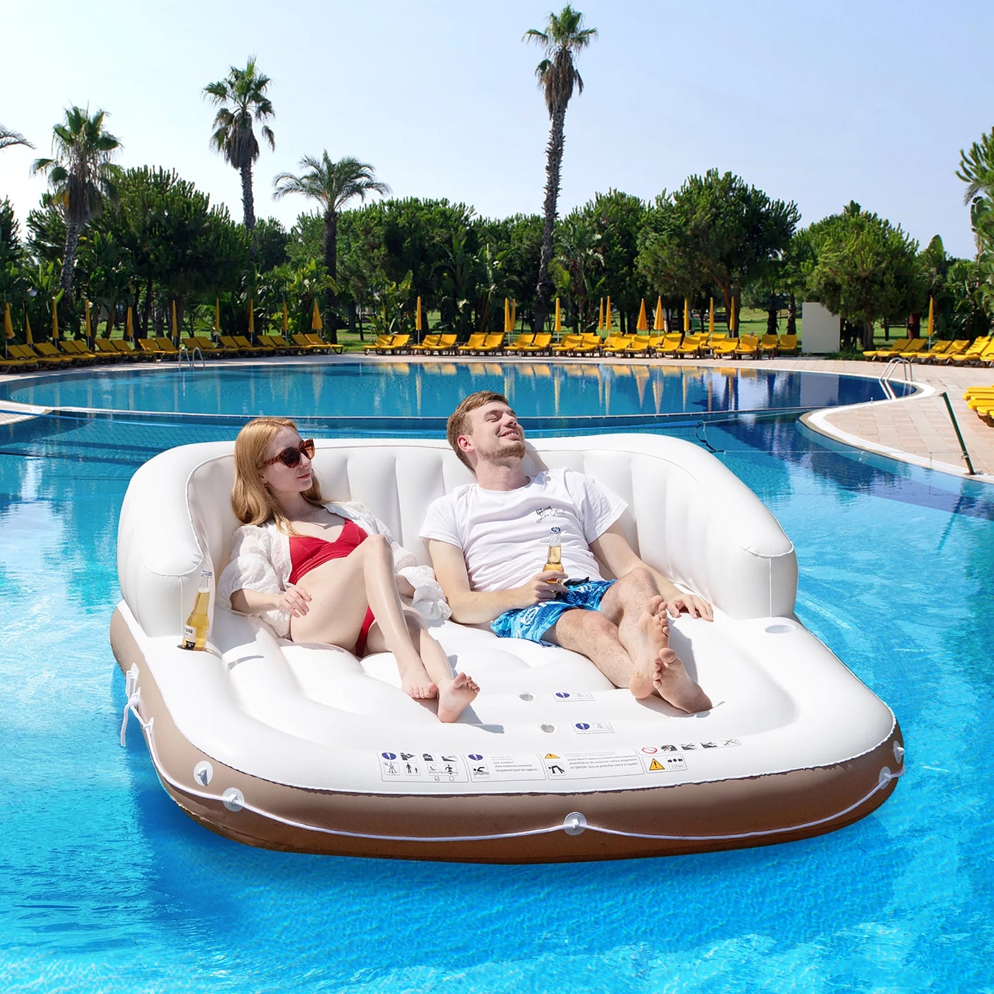 Costway Floating Island Inflatable Swimming Pool Float Lounge Raft with Canopy SPF50+ Retractable Detachable Sunshade with Two Cup Holders White