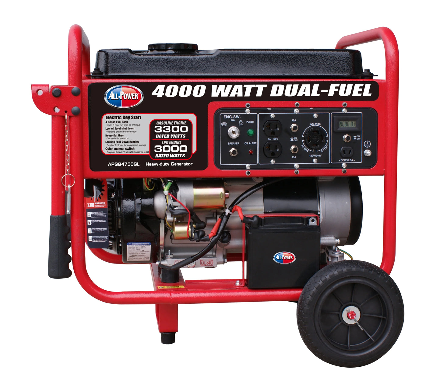 All Power America 4000 Watt Dual Fuel Portable Generator, Gas/LPG(Propane), APGG4750GL