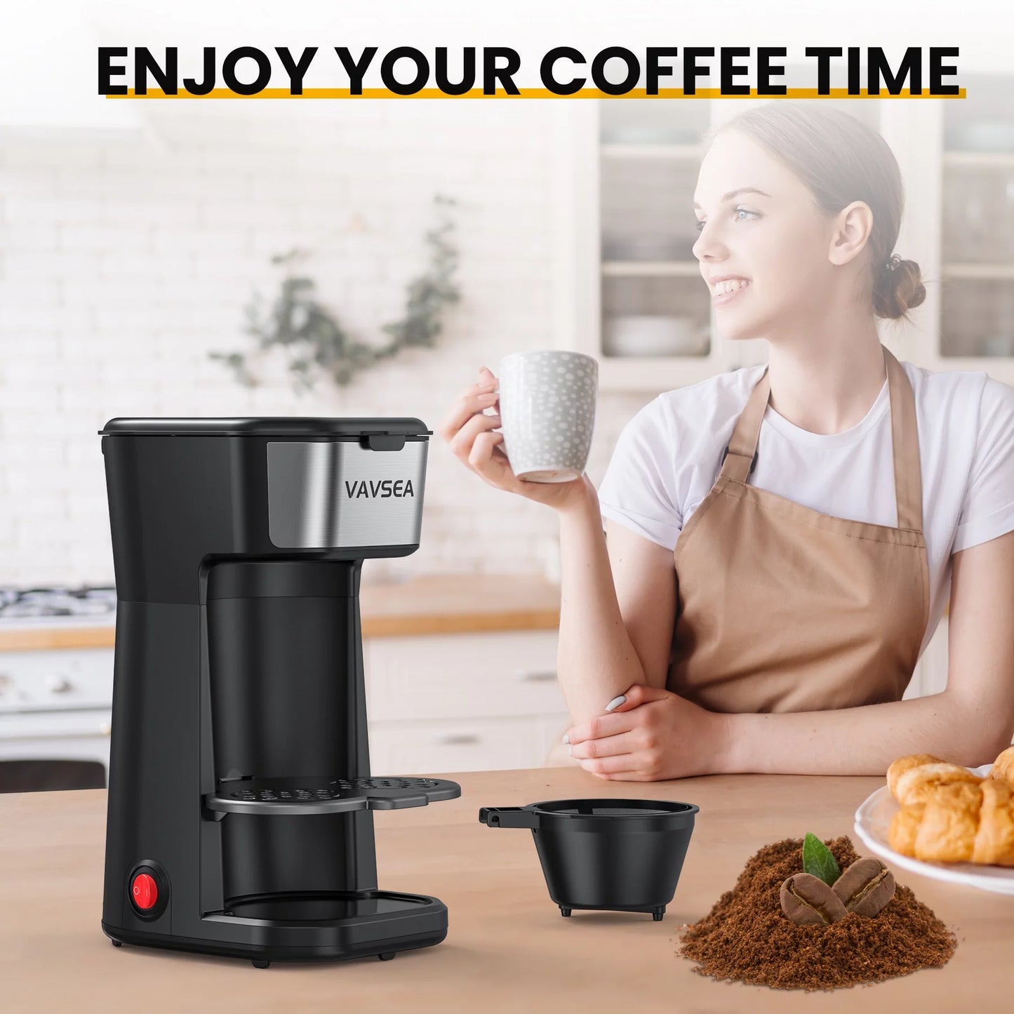 VAVSEA Single-Serve Coffee Maker Brewer with Thermal Travel Mug &#038; Reusable Filter, 600W Coffeemaker for Ground Coffee