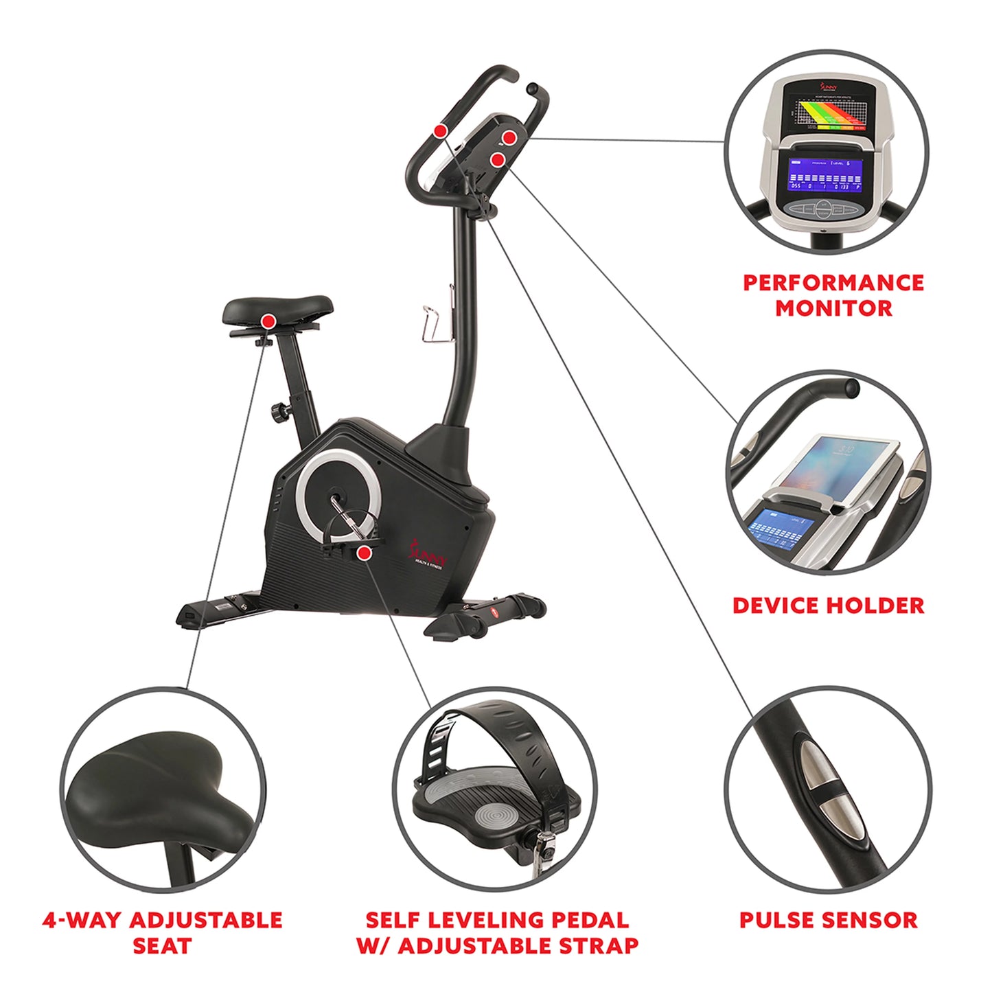 Sunny Health &#038; Fitness Magnetic Upright Exercise Bike w/ LCD, Pulse Monitor, Stationary Cycling and Indoor Home Workouts SF-B2883