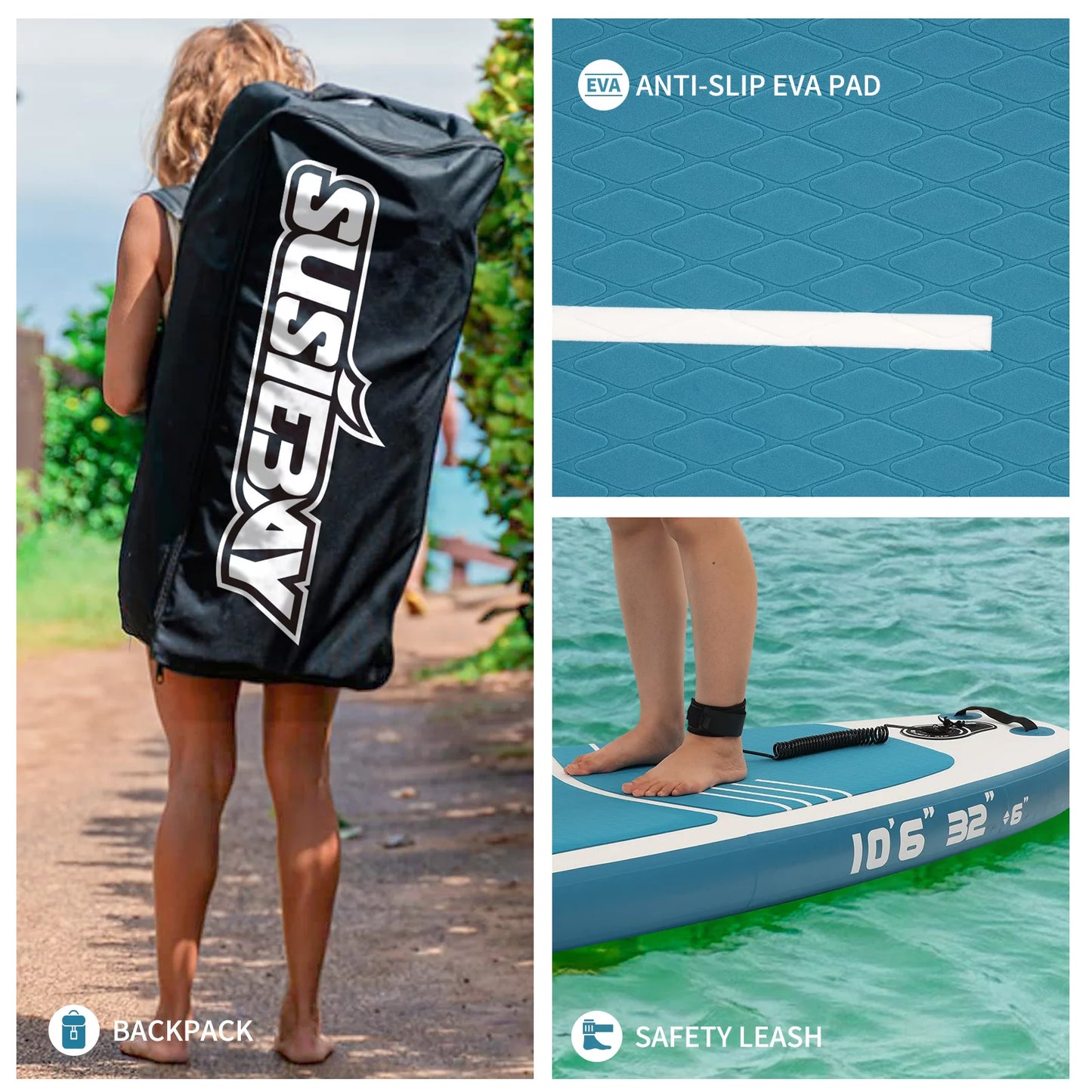 SUSIEBAY Inflatable Stand Up Paddle Board with Premium SUP Accessories and Surfing Backpack | 10&#8217;6?? 11ft #Black, Wide Stance, Surf Control, Non-Slip Deck, Paddle and Pump for Youth &#038; Adult