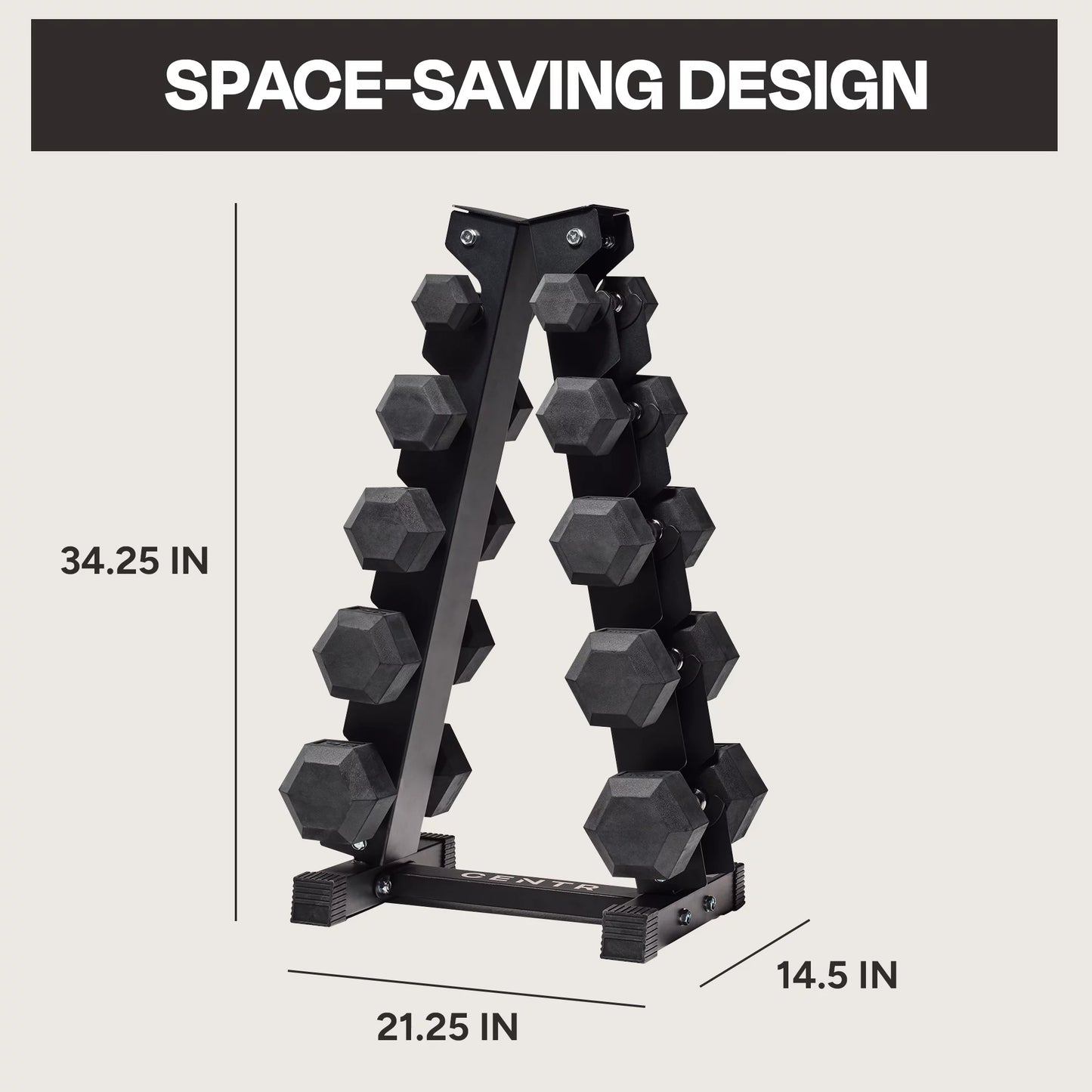 Centr 150 lb Rubber Hex Dumbbell Set with Rack, 5-25 lb Weights, Black