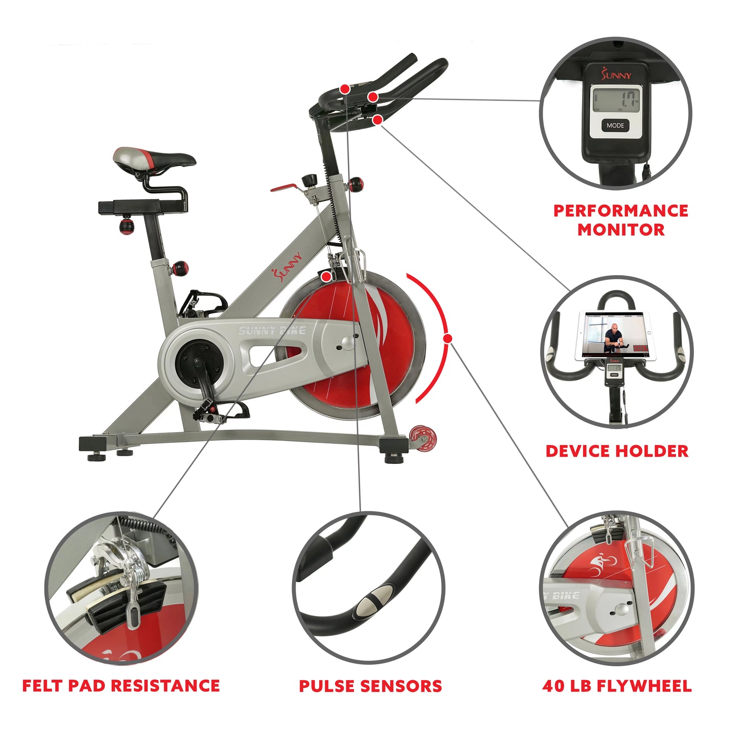 Sunny Health &#038; Fitness Stationary Belt Drive Pro II Indoor Cycling Exercise Bike w/ 40 lb Flywheel, Home Cardio Workout, SF-B1995