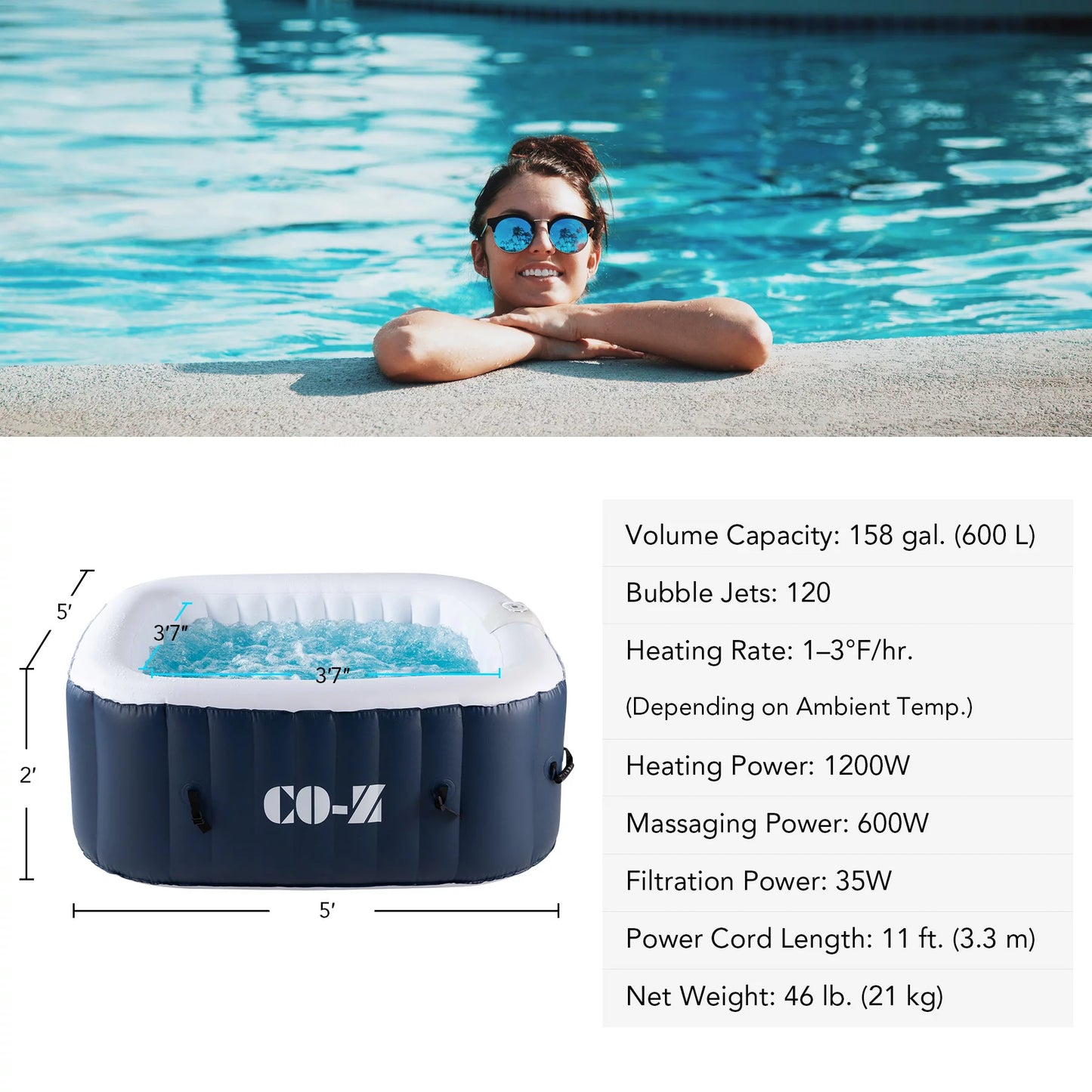 CO-Z 5x5ft PVC Inflatable Spa Tub with Heater &#038; 120 Massaging Jets for Patio &#038; More Blue for 4-Person, CO-Z