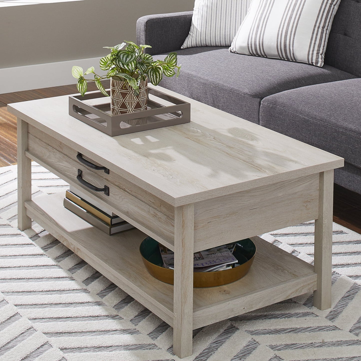 Better Homes &#038; Gardens Modern Farmhouse Rectangle Lift Top Coffee Table, Rustic White Finish