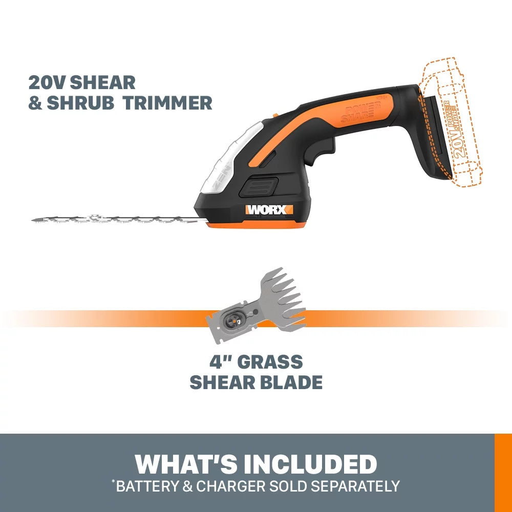 Worx WG801.9 20V Power Share 4&#8243; Cordless Shear and 8&#8243; Shrubber Trimmer (Tool Only)