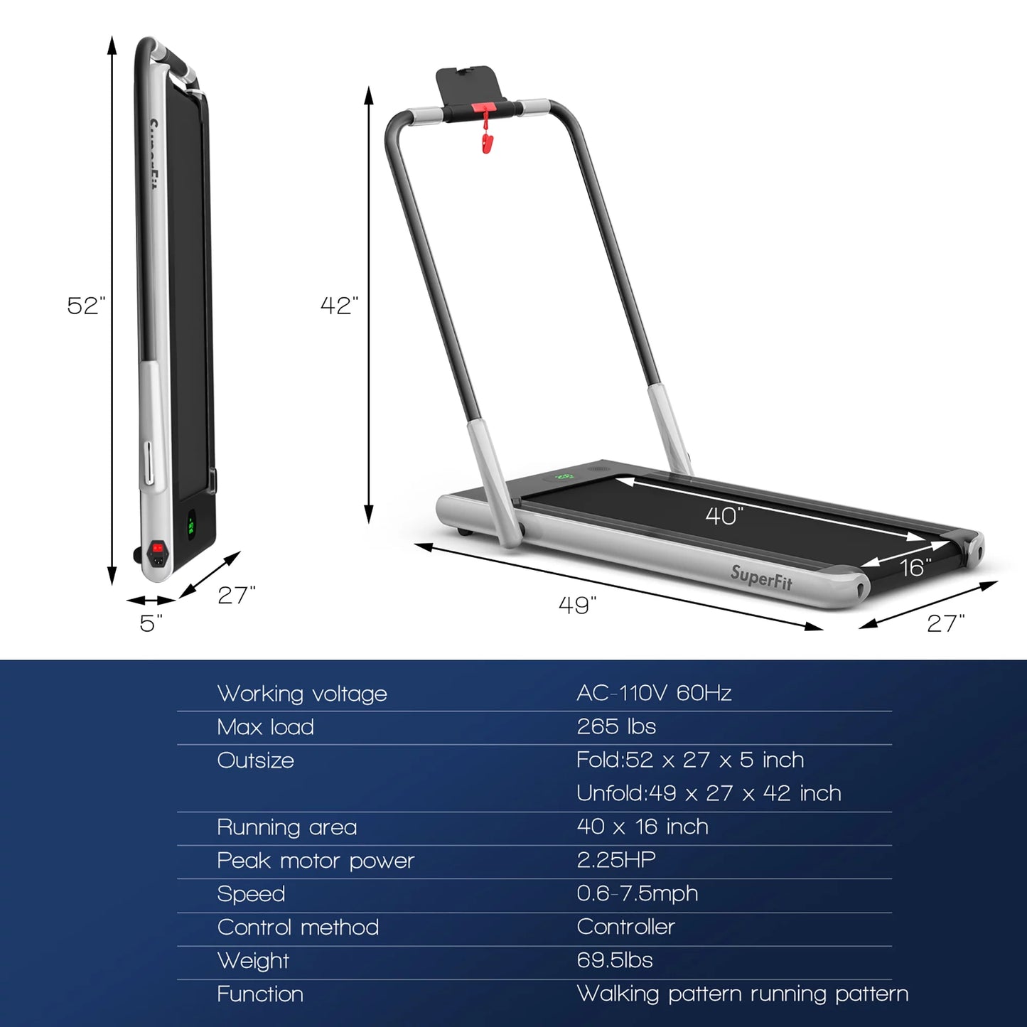 SuperFit Up To 7.5MPH 2.25HP 2-in-1 Folding Under Desk Treadmill W/Speaker Controller APP, Single Display Screen Silver