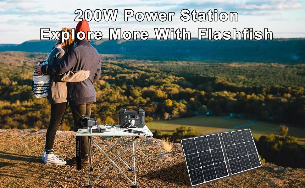 200W Portable Power Station, FlashFish 40800mAh Solar Generator with 50W 18V Portable Solar Panel, Flashfish Foldable Solar Charger with 5V USB 18V DC Output