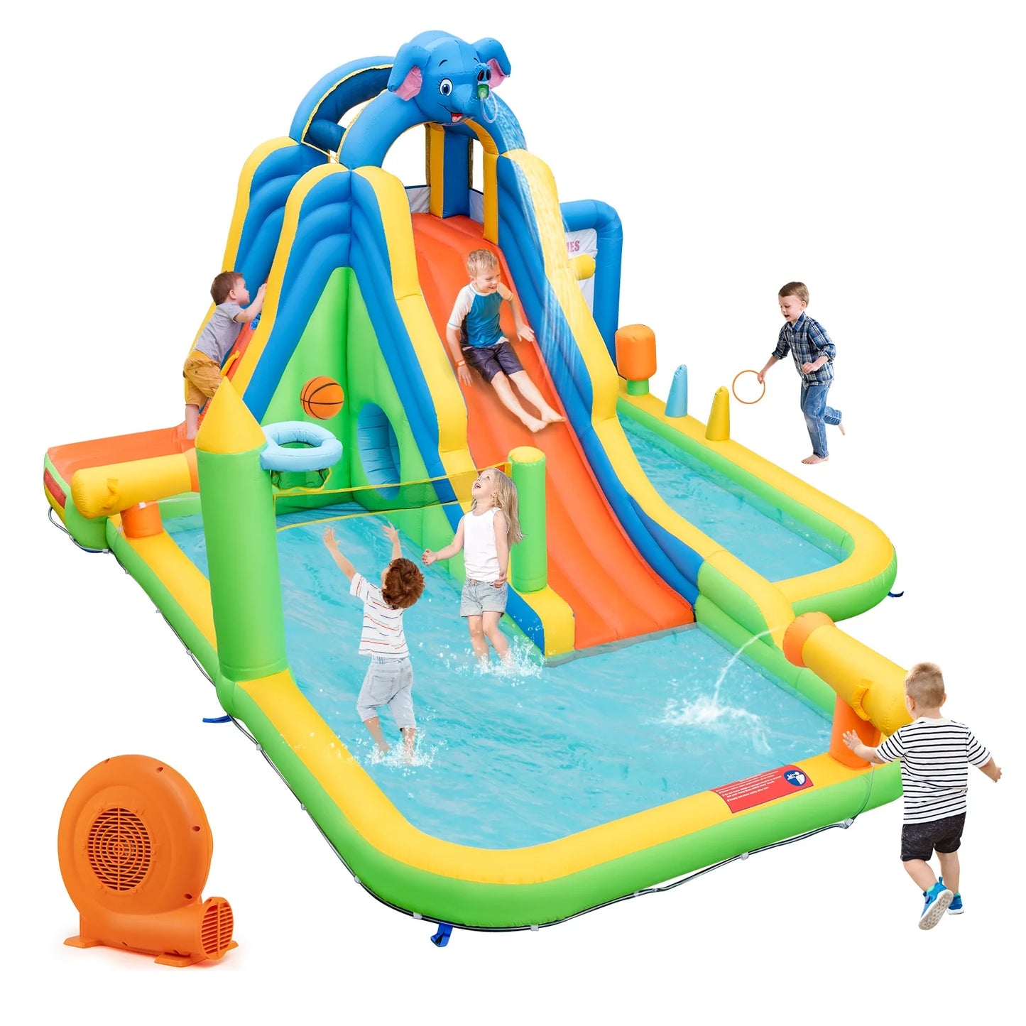 Topbuy Inflatable Water Slide 9-in-1 Blow-up Water Park for Kids with Splash Pool Climbing Wall Water Guns Basketball Toss with 750W Blower