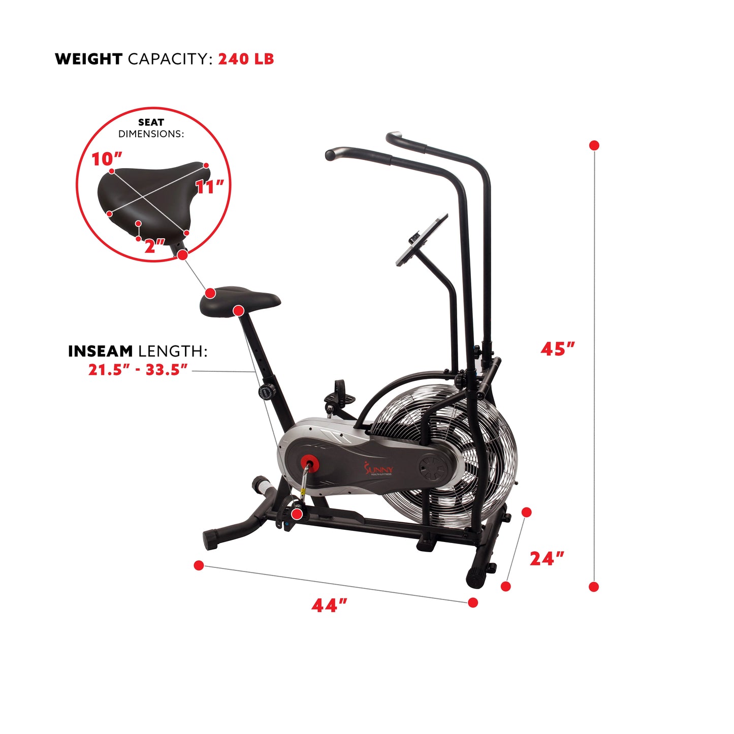 Sunny Health &#038; Fitness Zephyr Indoor Stationary Upright Air Bike w/ Row &#8211; Fan Exercise Bicycle Cardio Machine For Home, SF-B2715