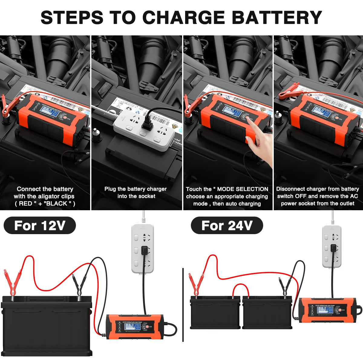 12V/10A 24V/5A Car Battery Charger, Battery Maintainer with LCD Display, Fully-Auto Smart Pulse Repair Charger, Maintainer Trickle Charger for Car Truck Motorcycle Lawn Mower Boat Lead Acid Battery