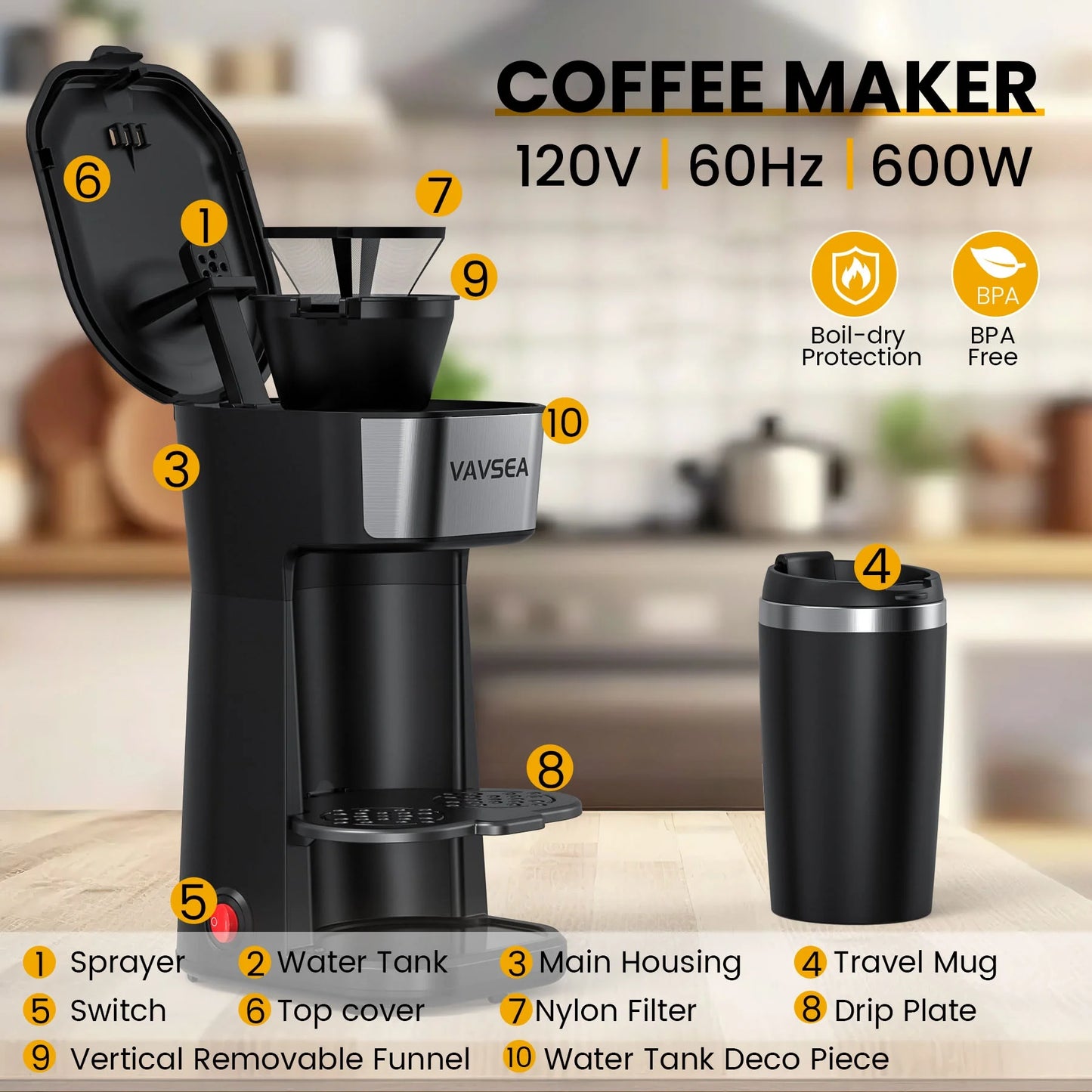 VAVSEA Single-Serve Coffee Maker Brewer with Thermal Travel Mug &#038; Reusable Filter, 600W Coffeemaker for Ground Coffee