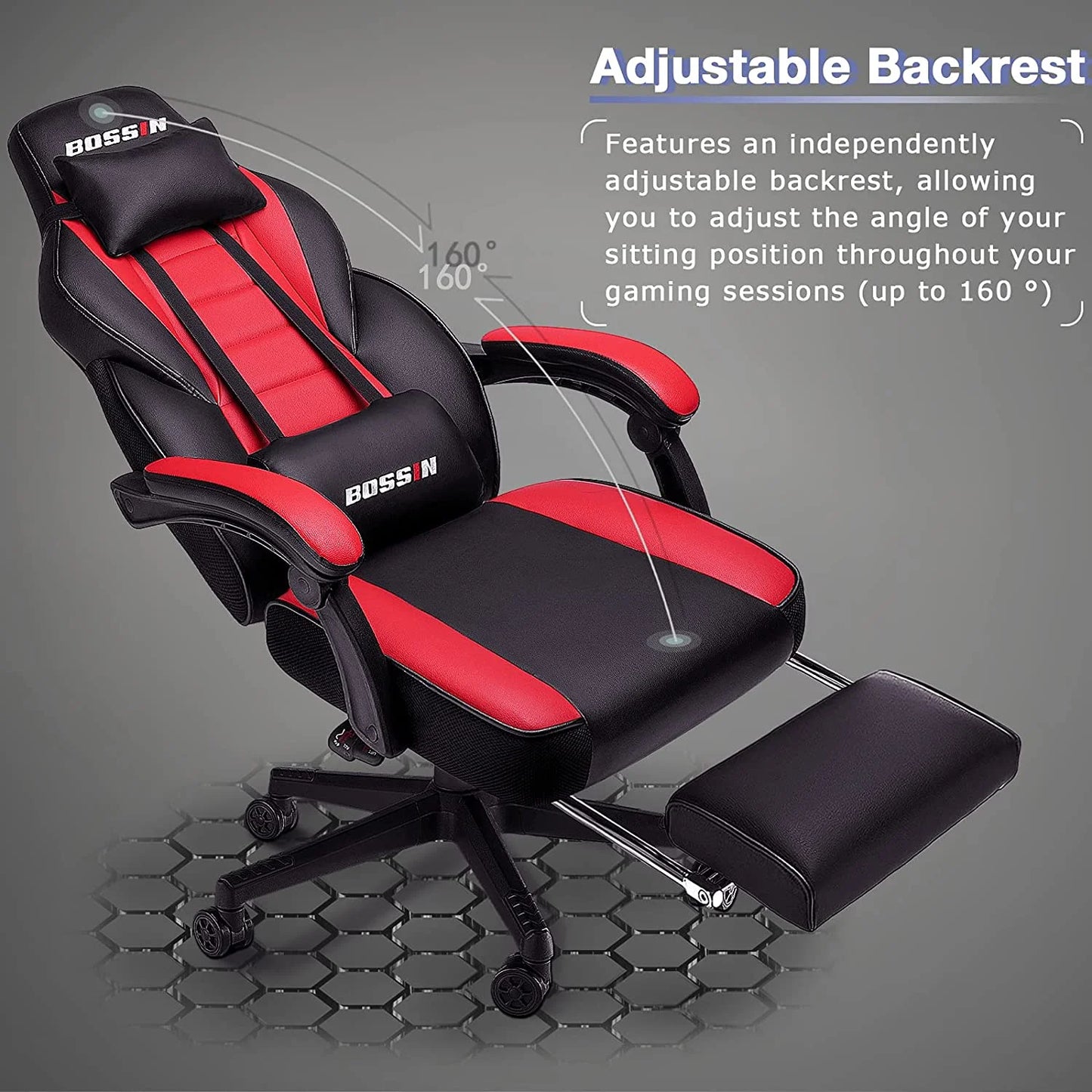 Bossin Gaming Chairs with Footrest, Massage Leather Game Chair for Adults, Big and Tall Gamer Chair with Headrest and Lumbar Support