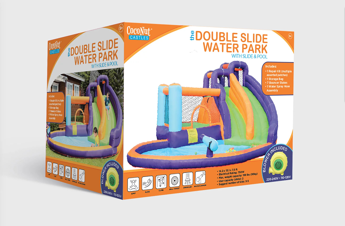 CocoNut Castles Double Slide Inflatable Water Park with Water Cannon