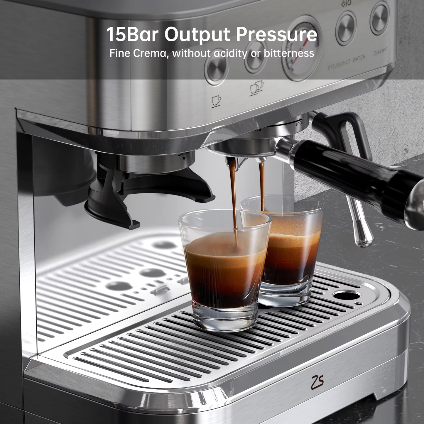 Zstar Express Espresso Machine, 15 Bar Espresso Coffee Machine Latte and Cappuccino Coffee Maker All in One Espresso Machine For Home Barista, Brushed Stainless Steel