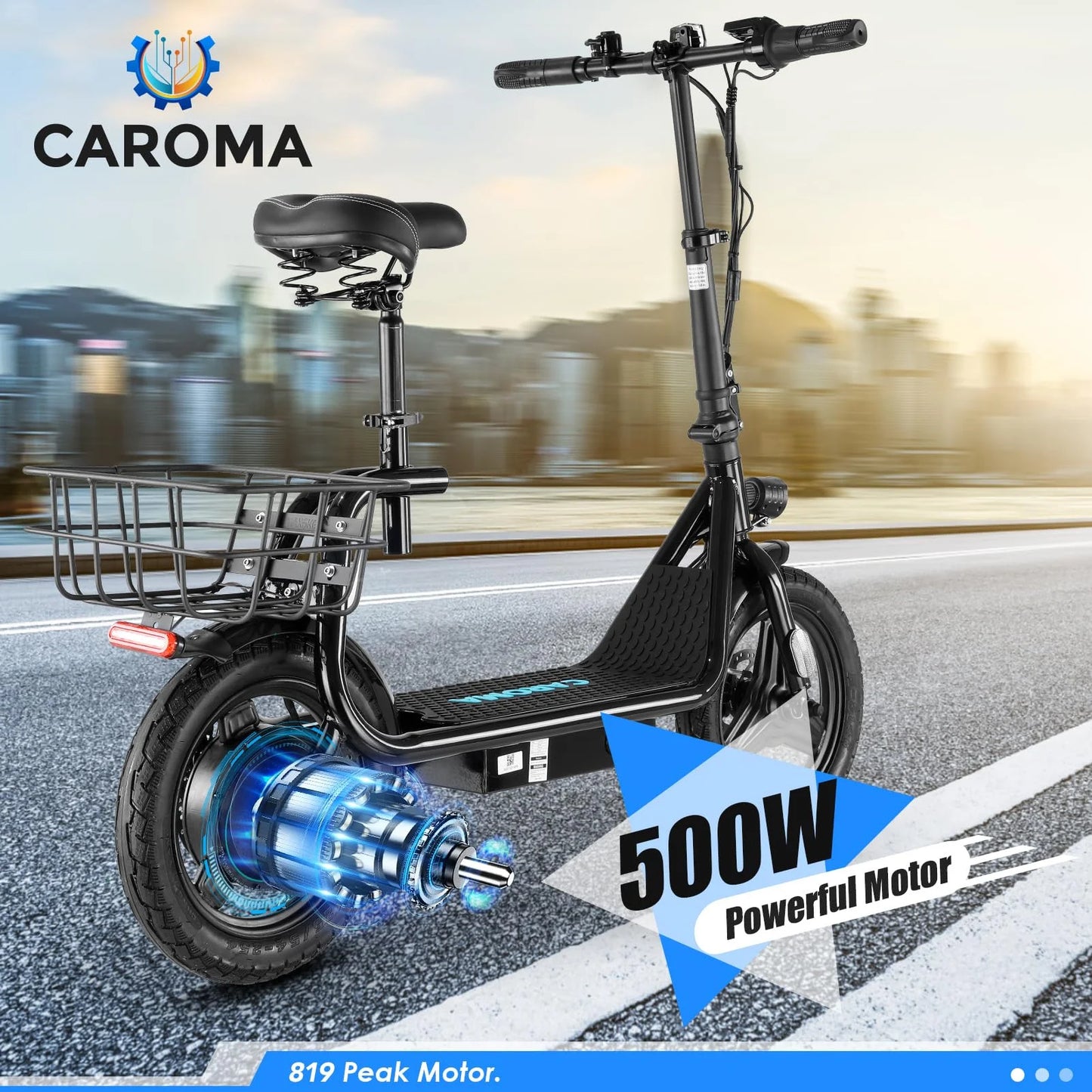 Caroma 500W Electric Scooter with Seat for Adult, 20 Mph Bike with Basket, 300lbs Max Load and 14&#8243; Fat Tire E Mopeds