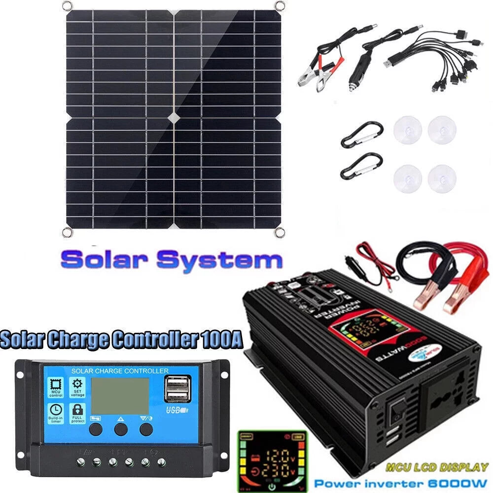 6000W Complete Solar Panel Kit Solar Power Generator 100A Home 110V Grid System