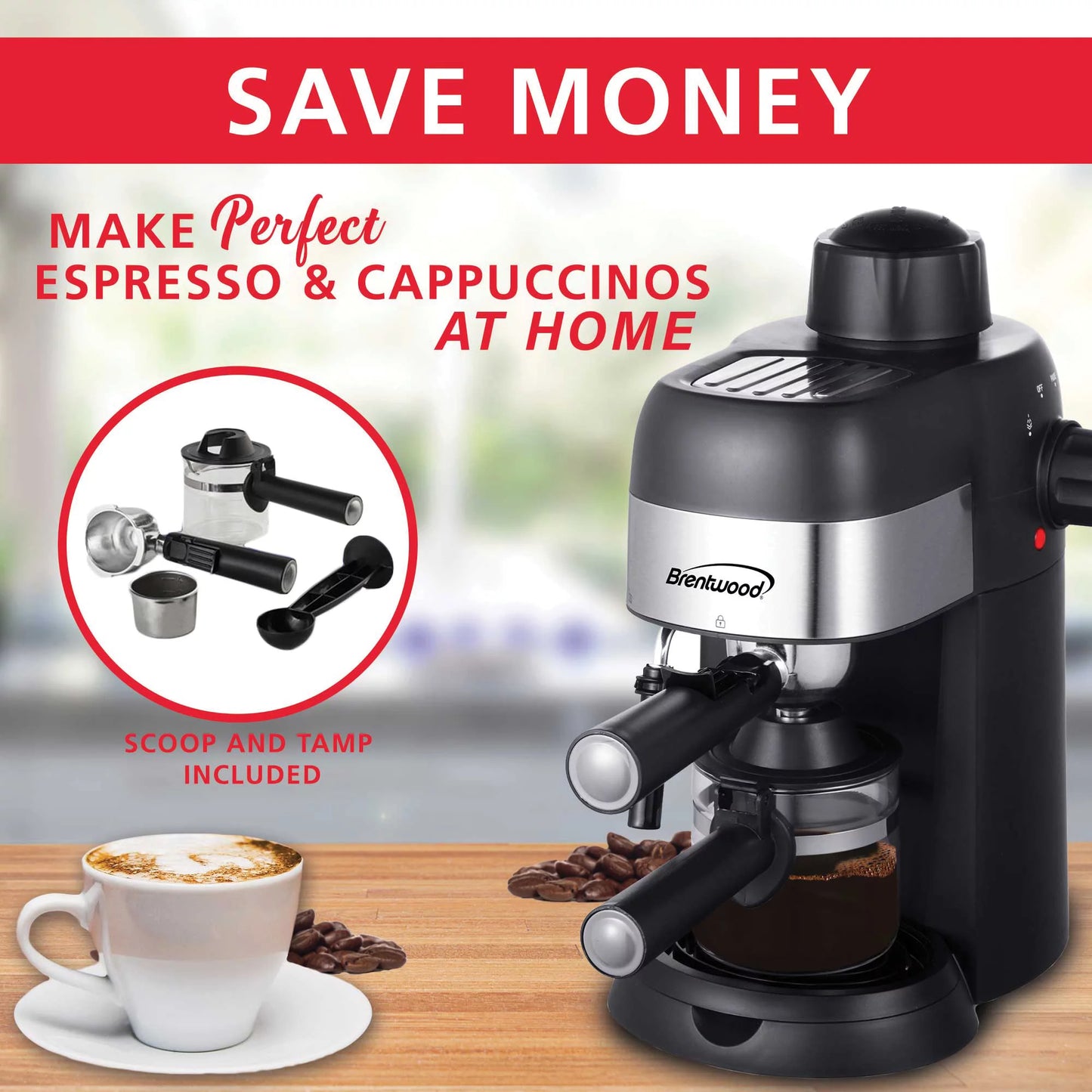 Brentwood GA-134BK GA-134BK 4-Cup Stainless Steel Espresso and Cappuccino Maker Machine