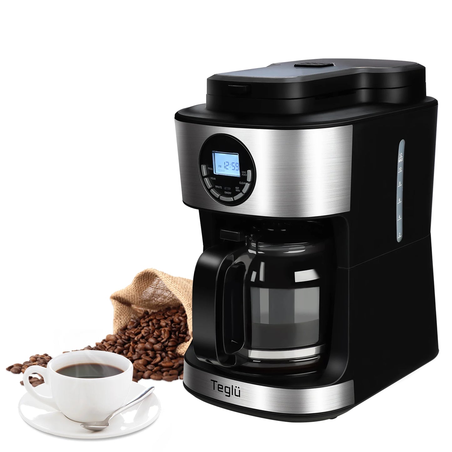 Teglu Coffee Maker with Grinder 12 Cups, Programmable Grind and Brew Coffee Machine with Warming Plate, Automatic Drip Coffee Pot with 60 oz Glass Carafe BPA Free, 950W, Black