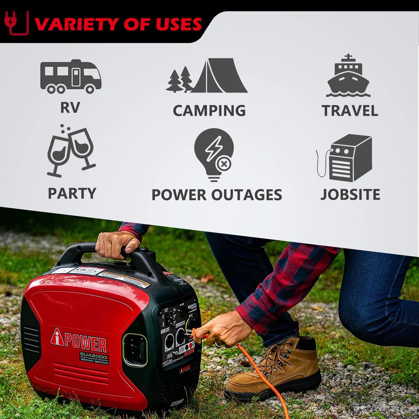 A-iPower Portable Inverter Generator, 2000W Ultra-Quiet RV Ready, EPA Compliant, Small &#038; Ultra Lightweight For Backup Home Use, Tailgating &#038; Camping