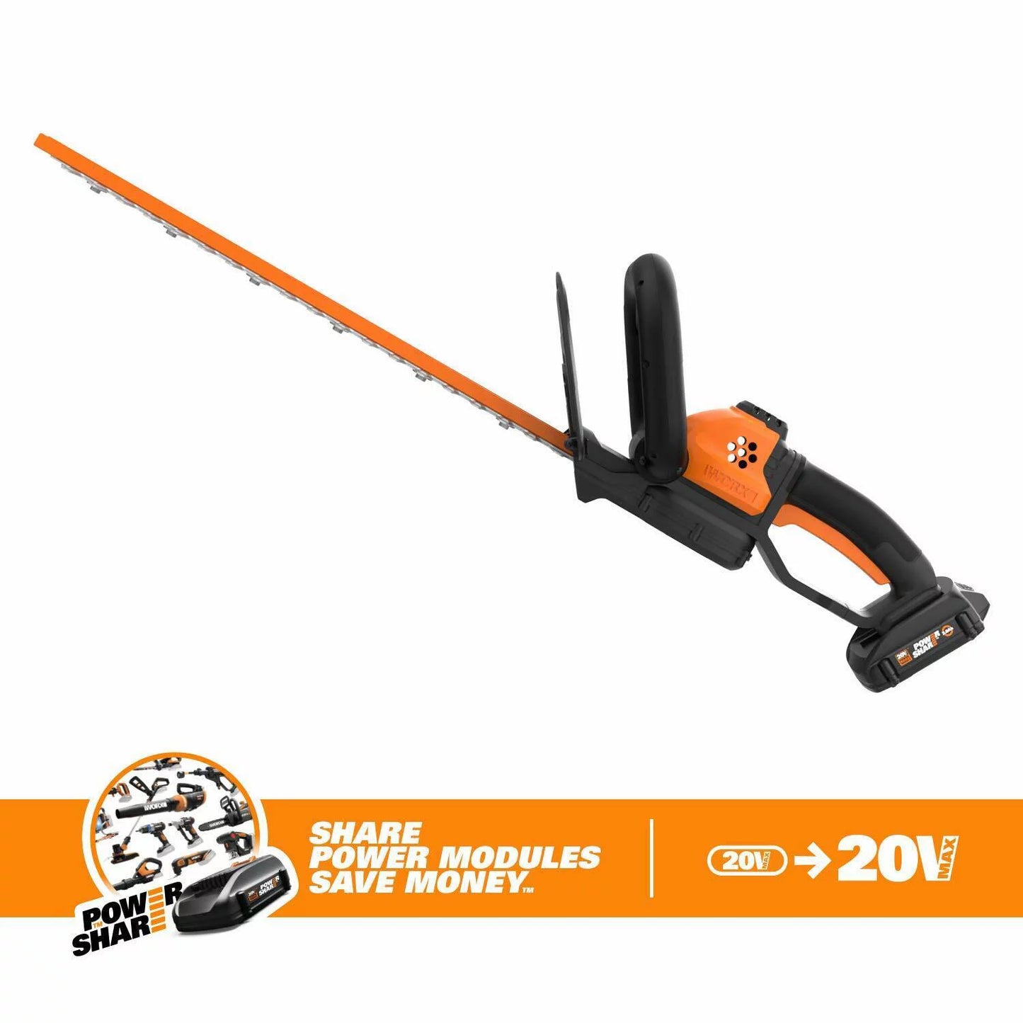 Worx WG261 20 Volt Power Share Cordless Battery 22 Inch Hedge Trimmer, Orange