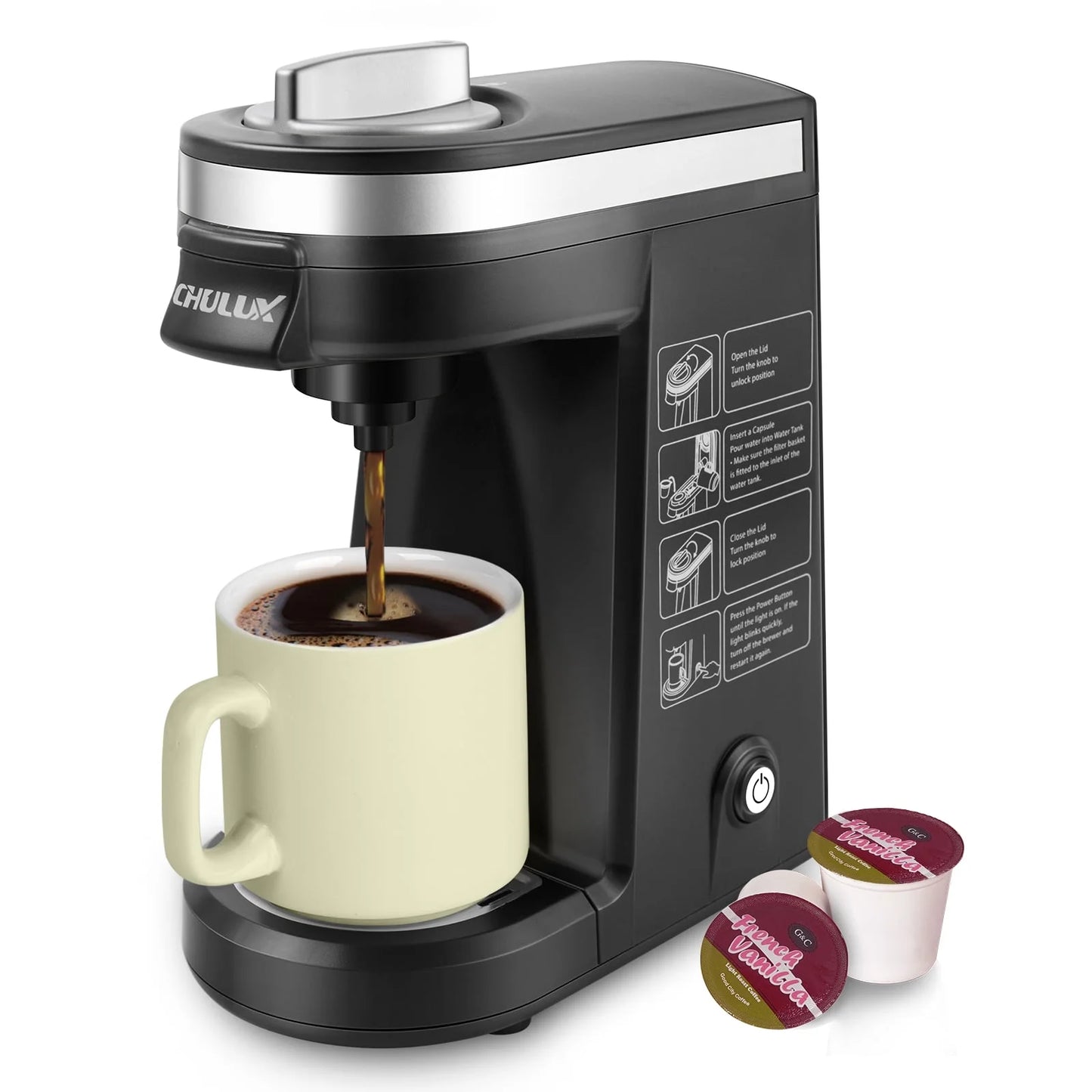 CHULUX Small Coffee Maker Single Serve, Travel One Cup Pod Coffee Maker for K Cup &#038; Ground Coffee, Fast Brewing System, New