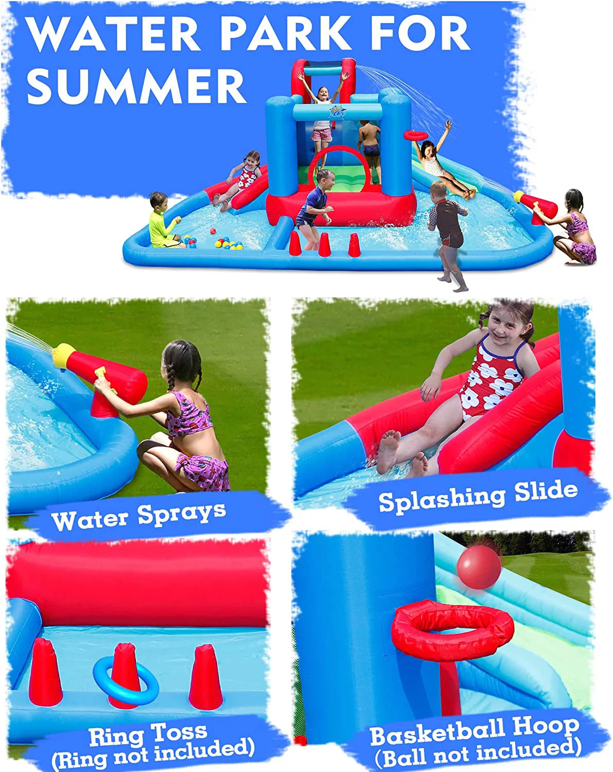 Action Air Water Slide, Inflatable Waterslides and Bouncy Castle All-in-one, Large Pool with 30 Pit Balls &#038; 2 Dart Balls