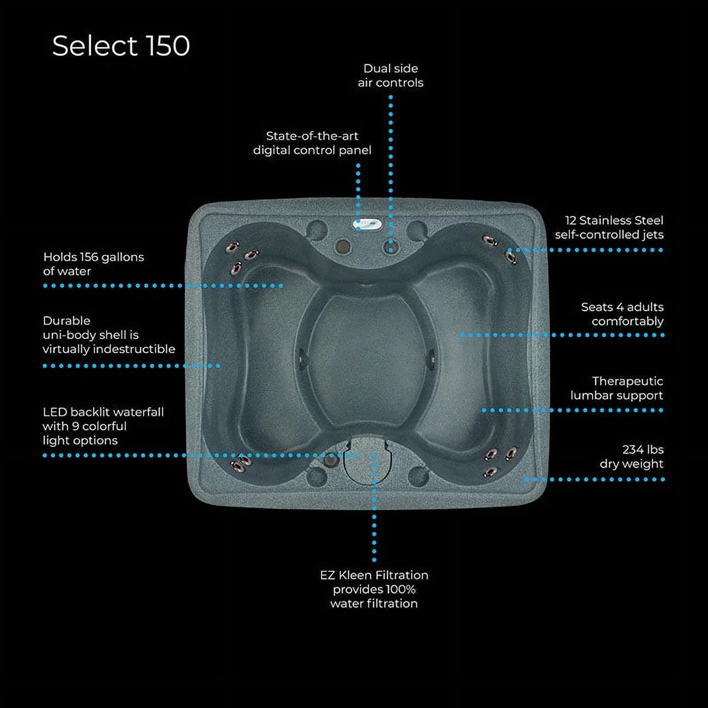 AquaRest Spas AR-150 Select 4- Person 12 &#8211; Jet- Plug and Play Hot Tub w/LED Waterfall &#8211; Graystone