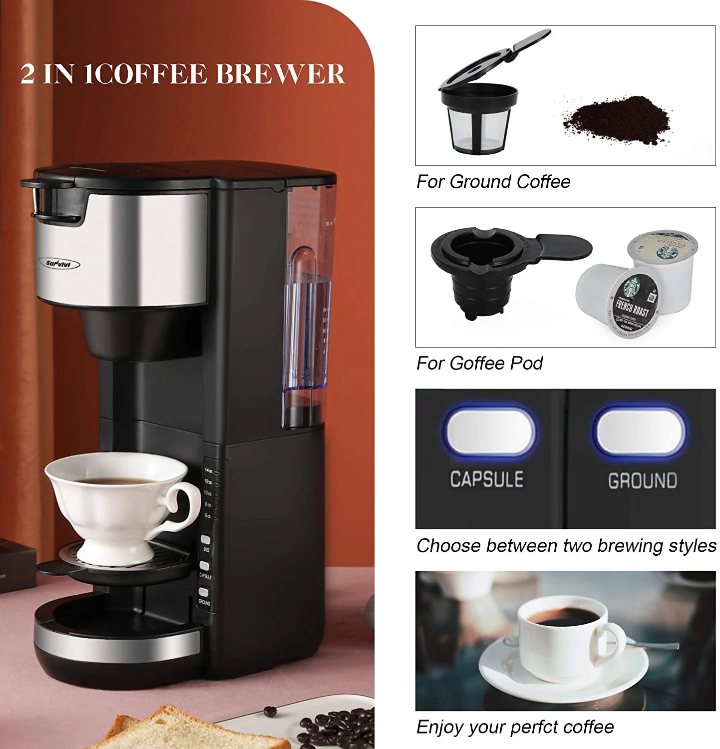 Superjoe Single Serve Coffee Maker for Single Cup Pod &#038; Coffee Ground, Compact Coffee Brewer with 6 to 14 oz Brew Sizes, Black Coffee Machine with Water Reservoir