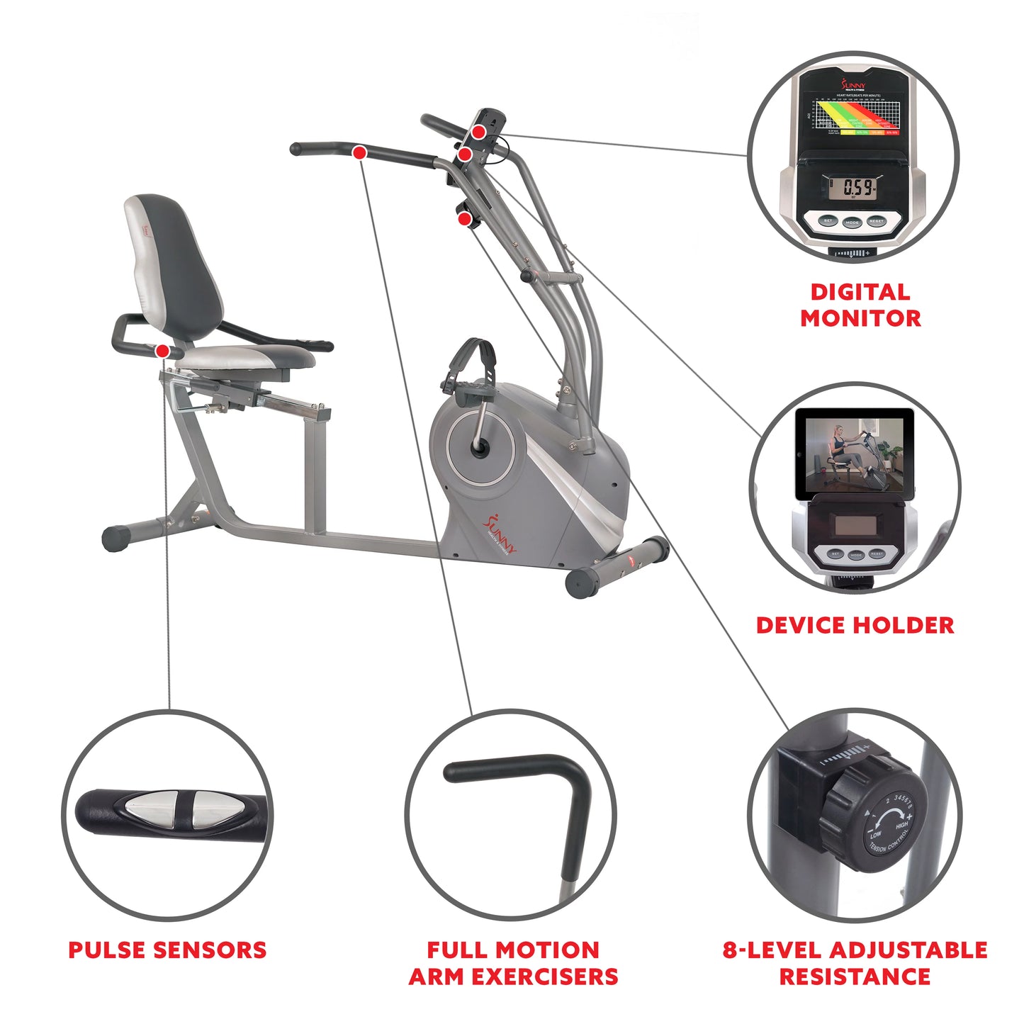 Sunny Health &#038; Fitness Cross Trainer Magnetic Recumbent Bike with Arm Exercisers for Indoor Cardio with Pulse Sensors, SF-RB4936