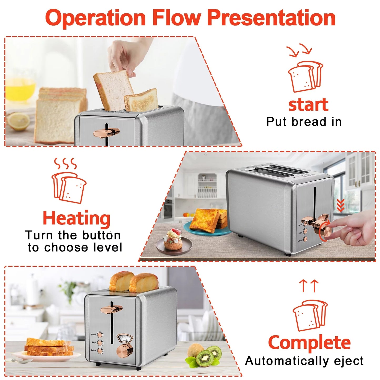 WHALL 2 Slice Toaster &#8211; Stainless Steel Toaster with Wide Slot, 6 Shade Settings, Bagel Function, Removable Crumb Tray