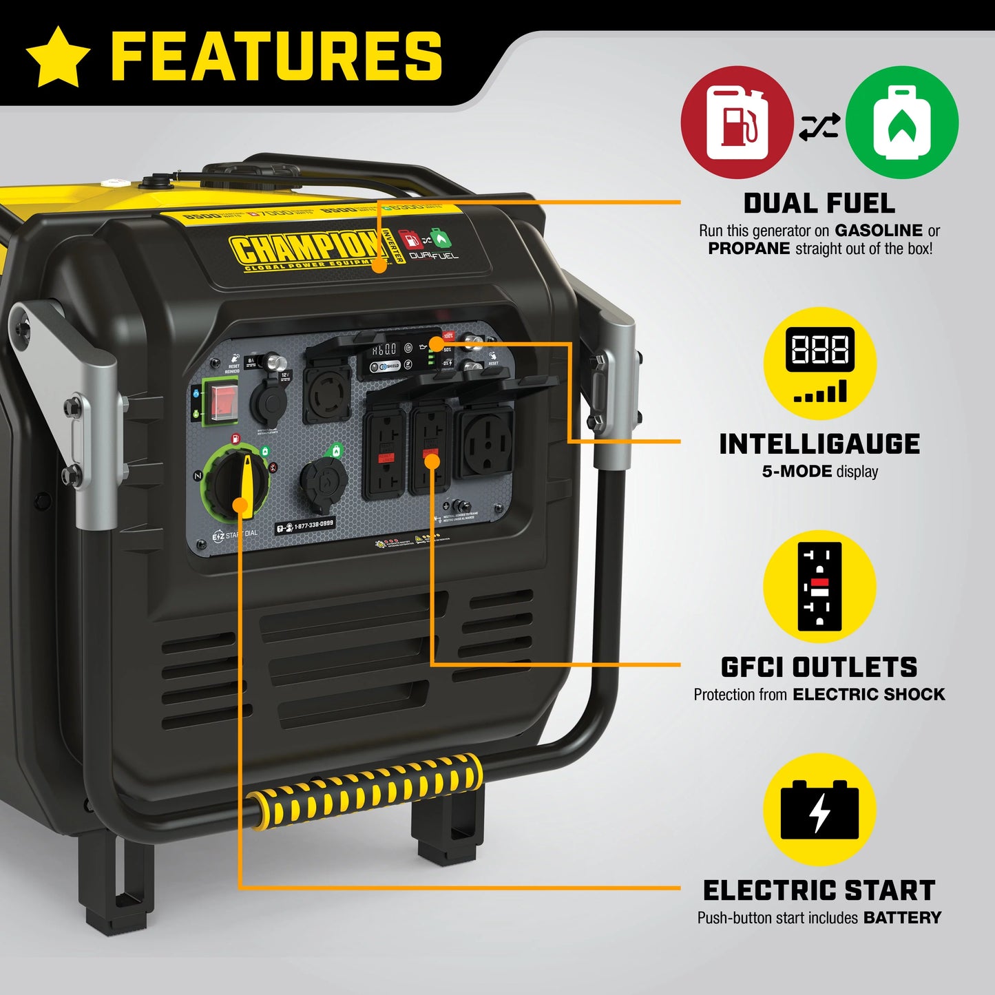 Champion Power Equipment 8500-Watt Electric Start Dual Fuel Inverter Generator with Quiet Technology, CO Shield