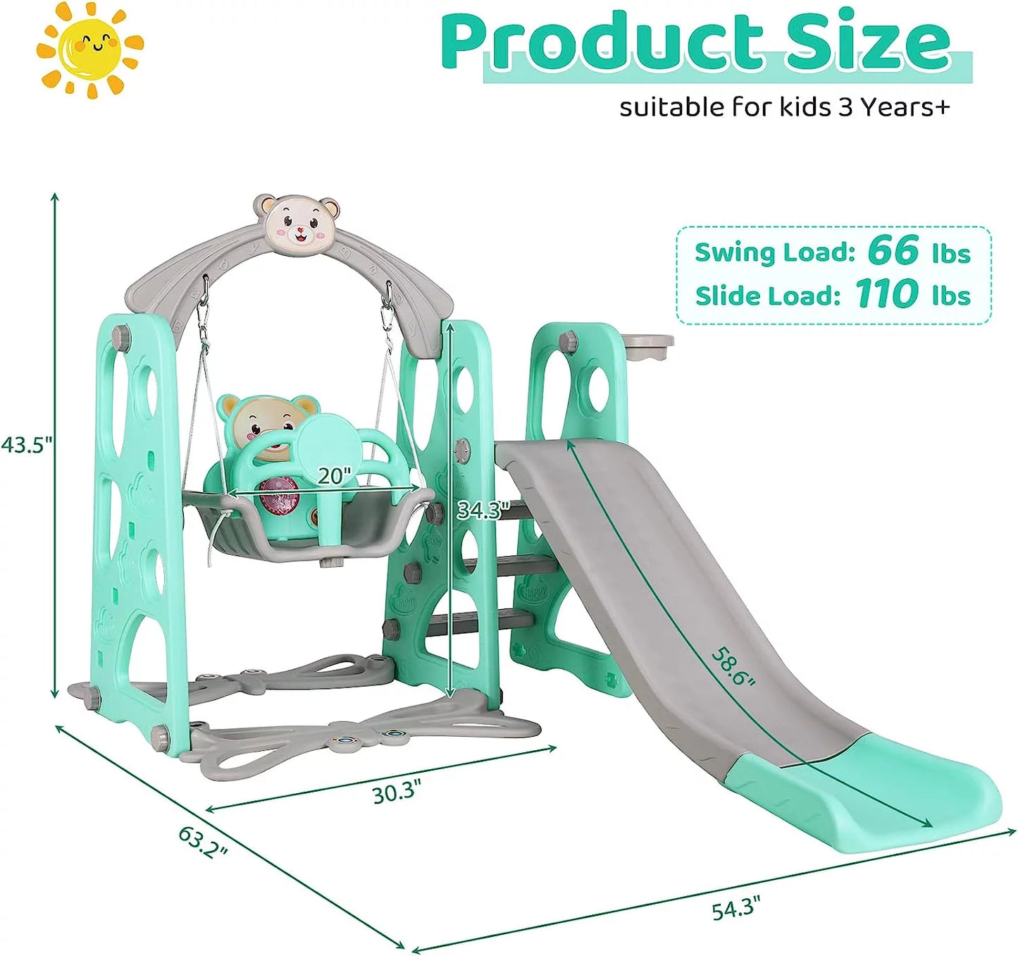 Arlopu Toddler Slide and Swing Set, 4 in 1 Kids Anti-Slip Climber Slide Playset with Basketball Hoop, Outdoor Indoor Playground for Children 3-6 Years