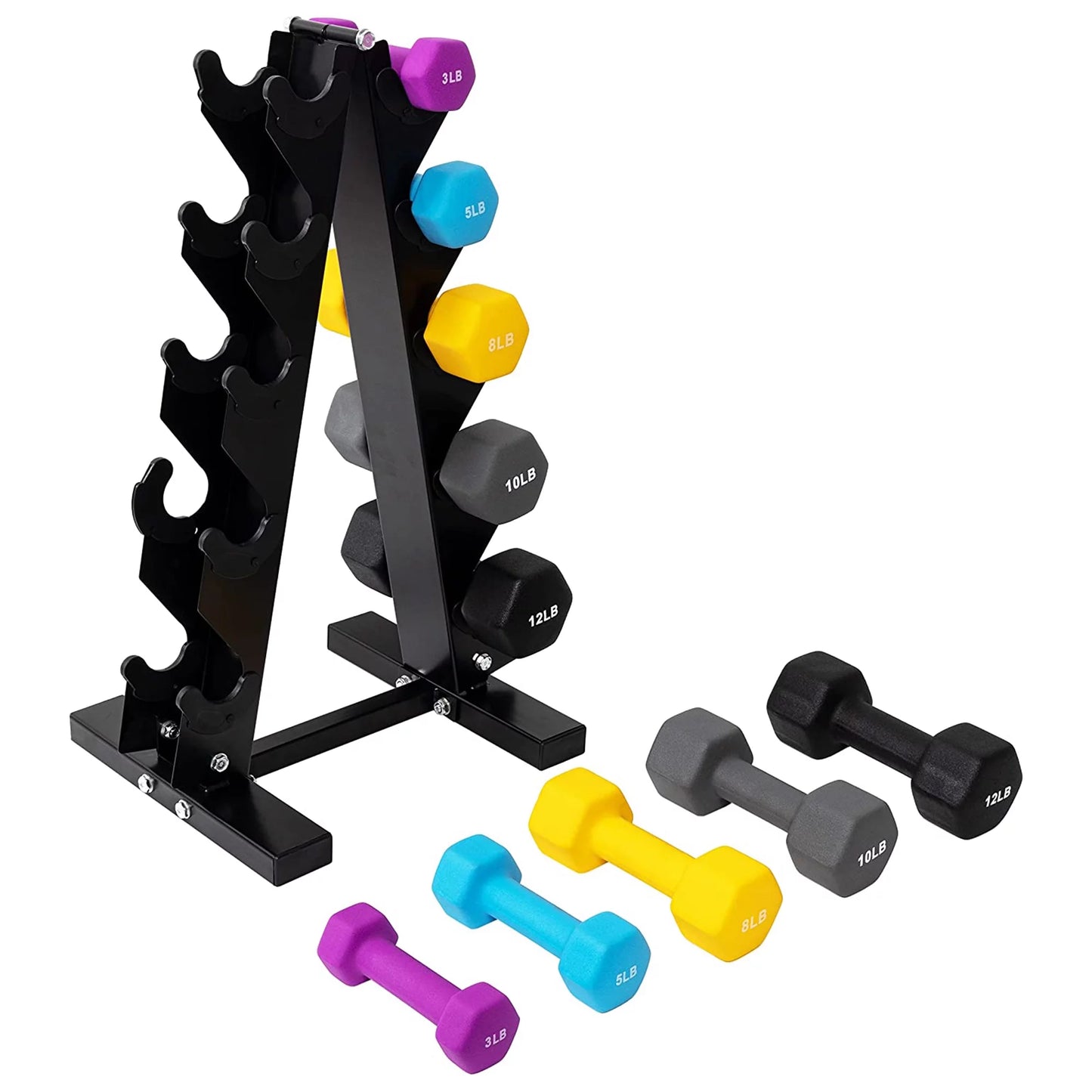 BalanceFrom Fitness 3, 5, 8, 10 &#038; 12 Pound Dumbbell Weight Set with Stand