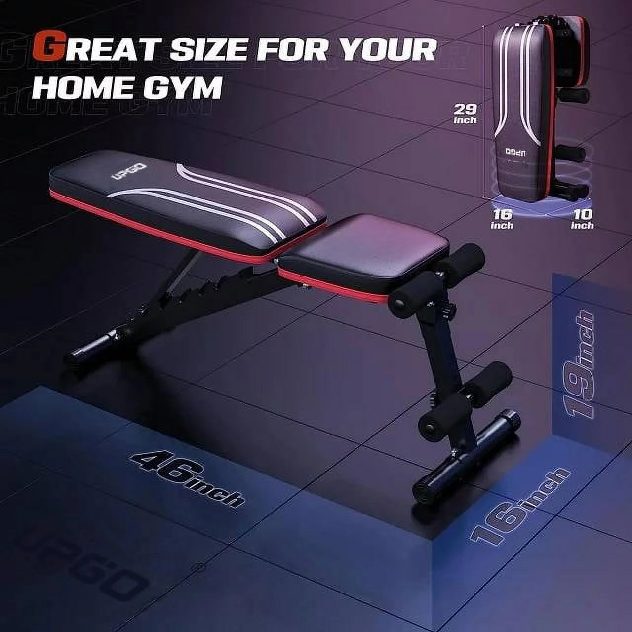 UPGO Adjustable Weight Bench Workout Bench for Home Gym, 15 Degree Decline Sit-Up Resistance Bands Included , Sturdy Durable Folding Weight Bench for Years of Workout