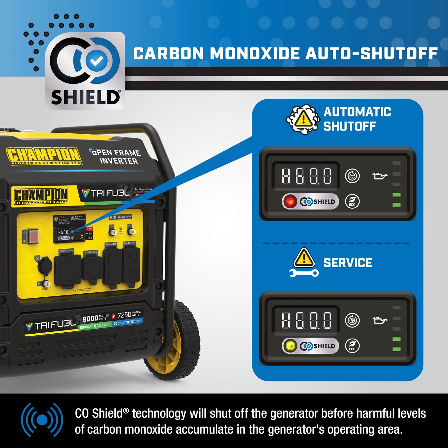 Champion Power Equipment 9000-Watt Tri-Fuel Open Frame Inverter Generator with CO Shield